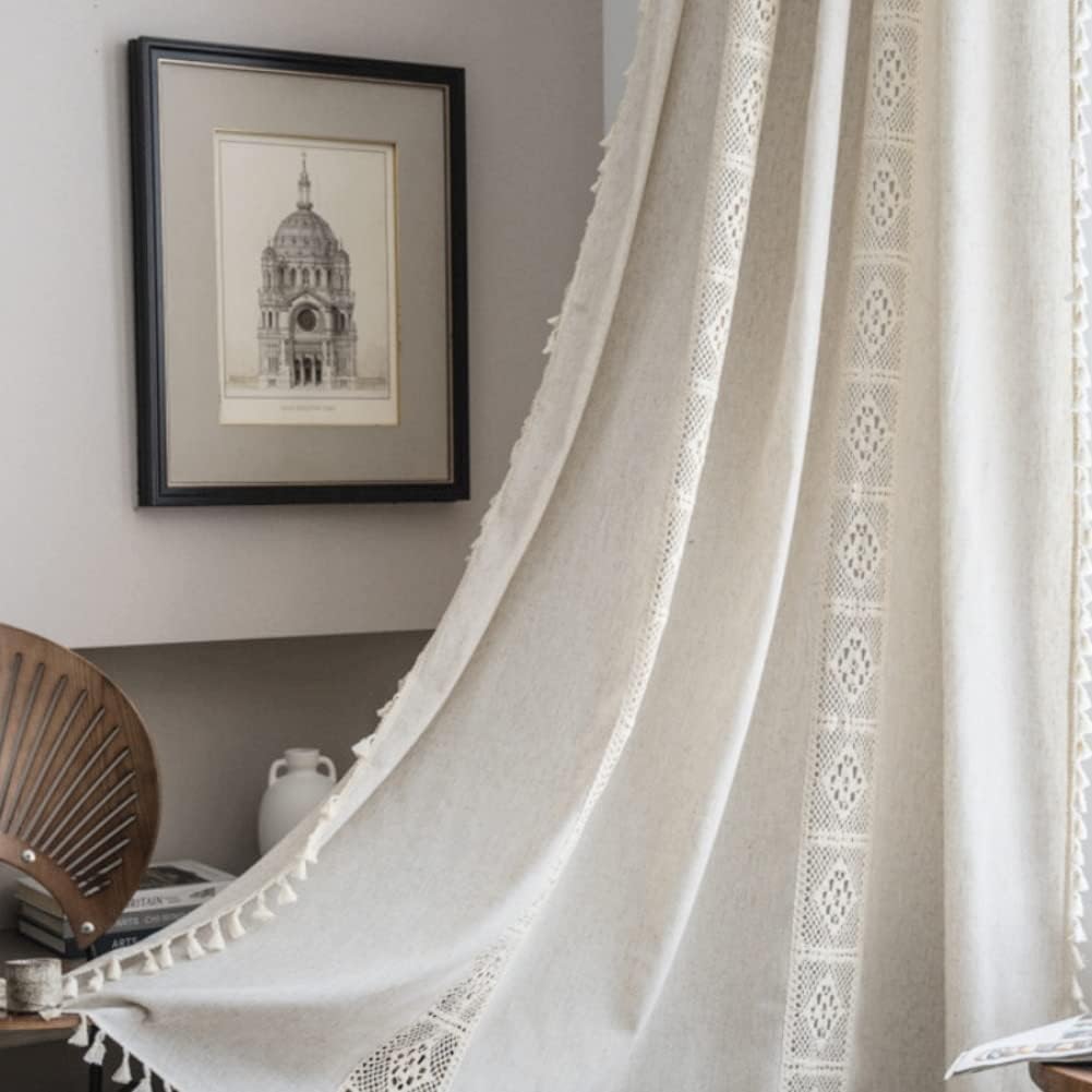 AMZALI Boho Curtains with Tassel Handmade Semi Blackout Drapes