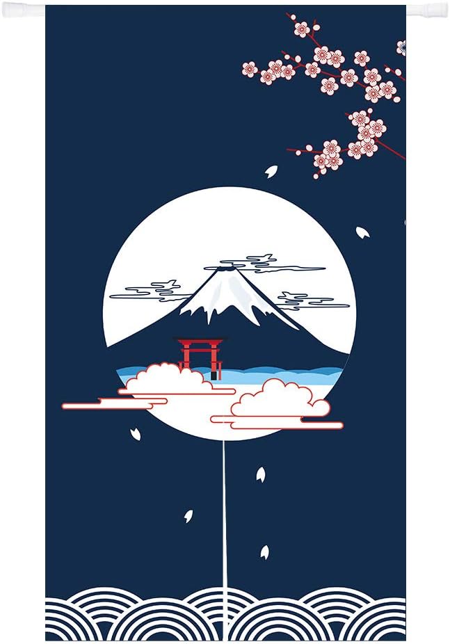 Ofat Home Japanese Noren Curtain Tapestry with Fuji and Cherry Blossoms Design