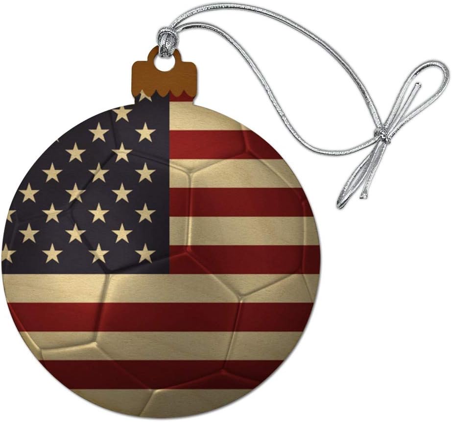 USA Flag Soccer Ball Wood Christmas Ornament