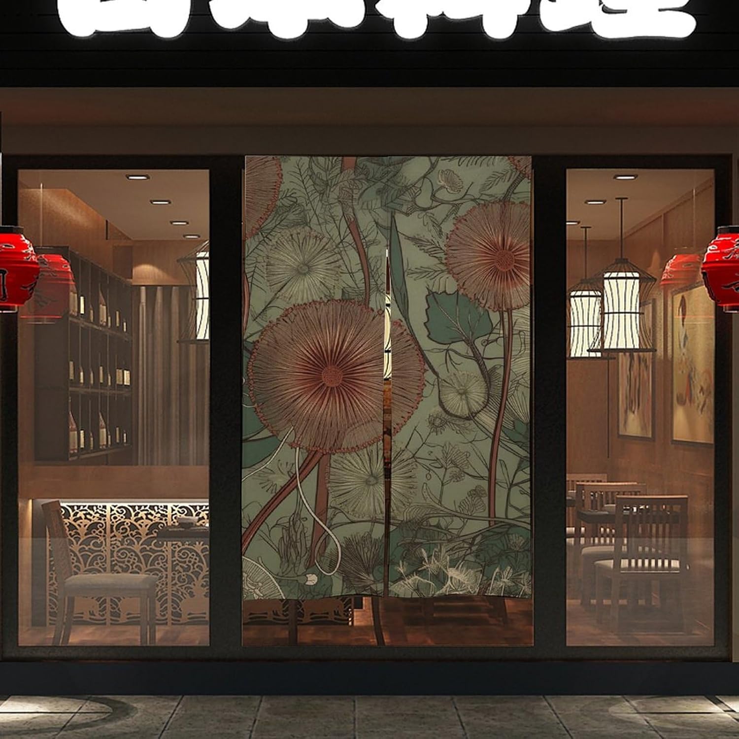 Japanese Noren Door Curtain with Leaves and Dandelions Design