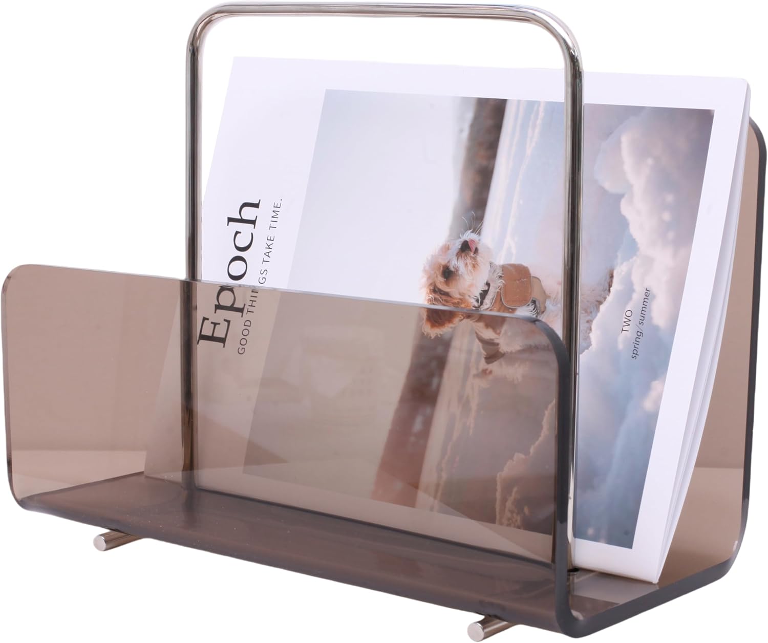 Brown Clear Acrylic Magazine Holder with Stainless Steel Handle