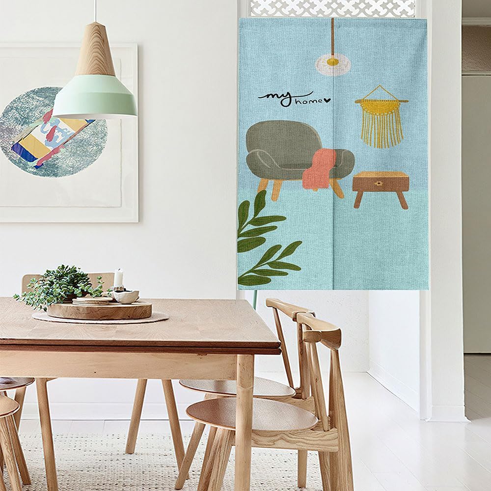Chickwin Japanese Door Curtain Nordic Style Linen Panel Blue