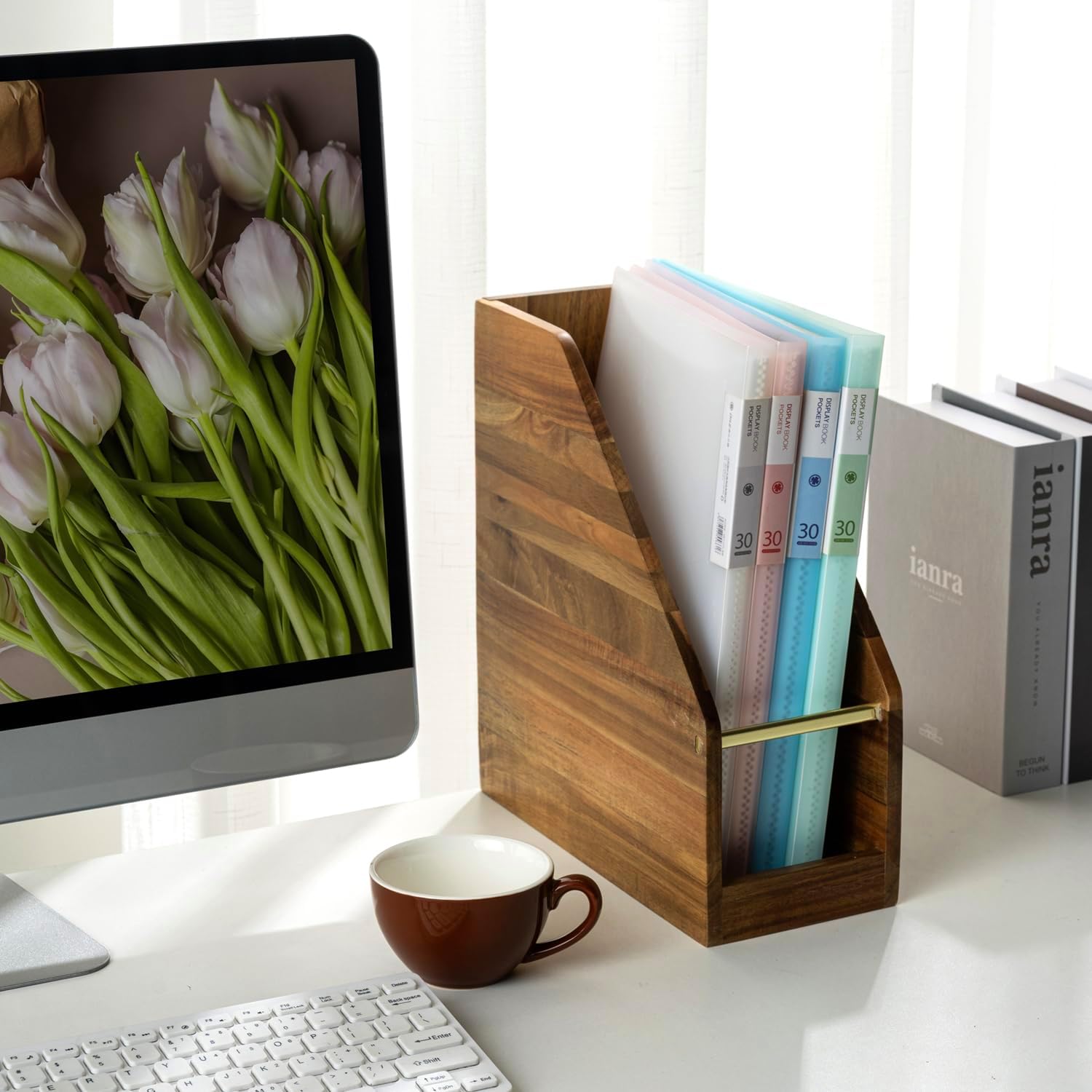 MyGift Premium Hotel Series Solid Acacia Wood Magazine Holder with Brass Metal Accent