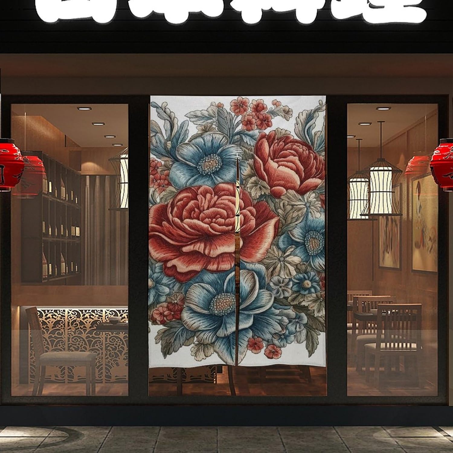 Japanese Noren Door Curtain with Blue and Red Flowers