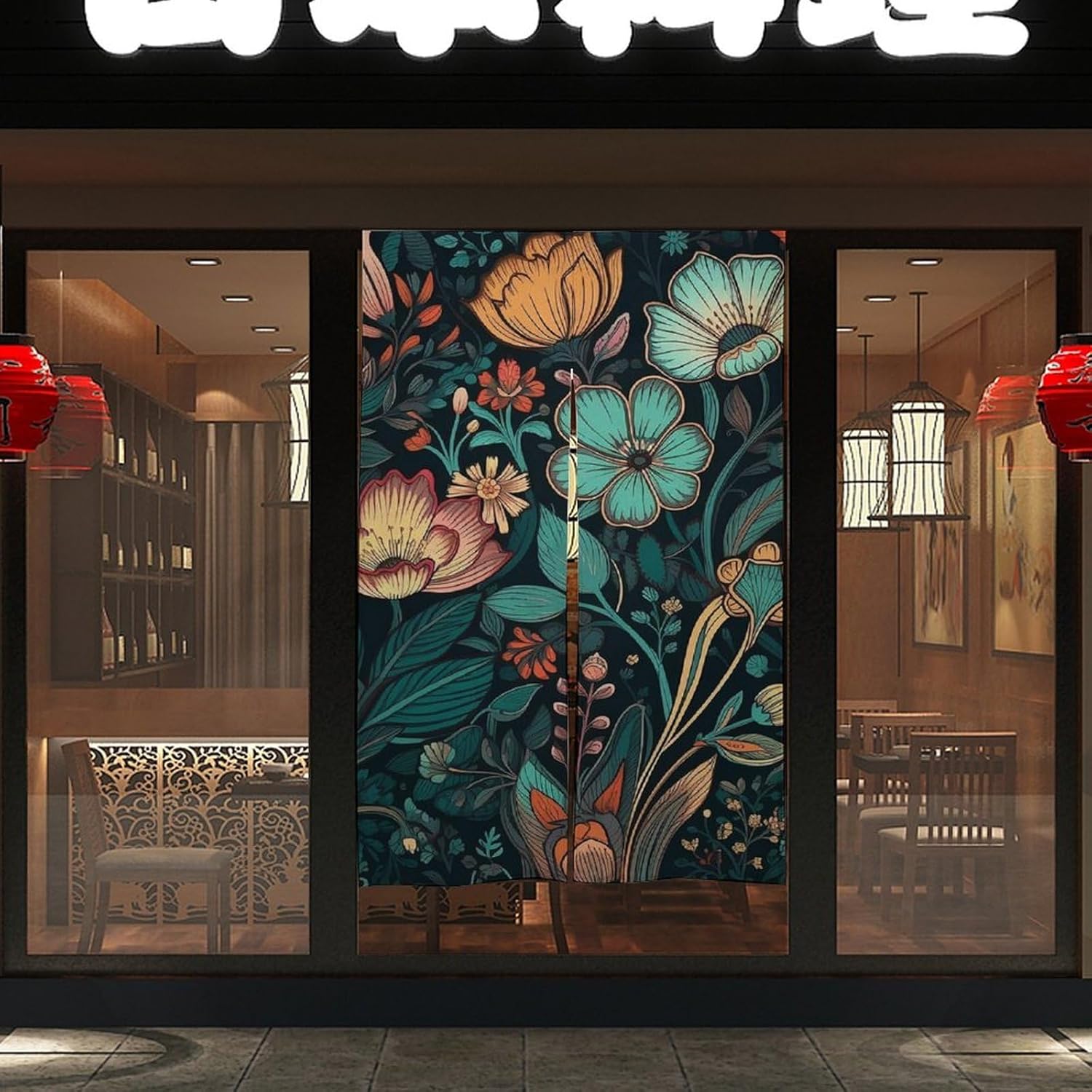 Japanese Noren Door Curtain with Cyan and Black Print