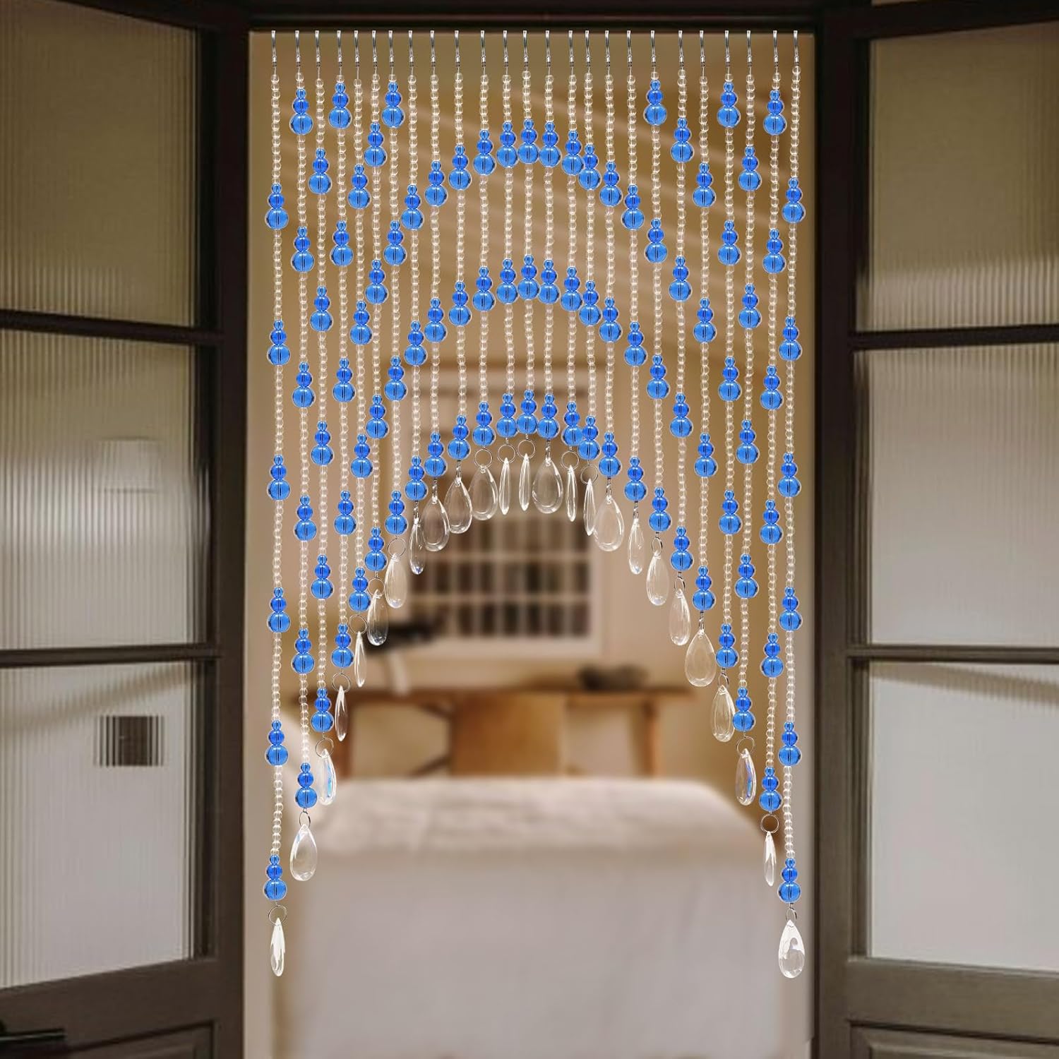 Beaded Curtain for Doorway with Clear Crystal Beads Blue