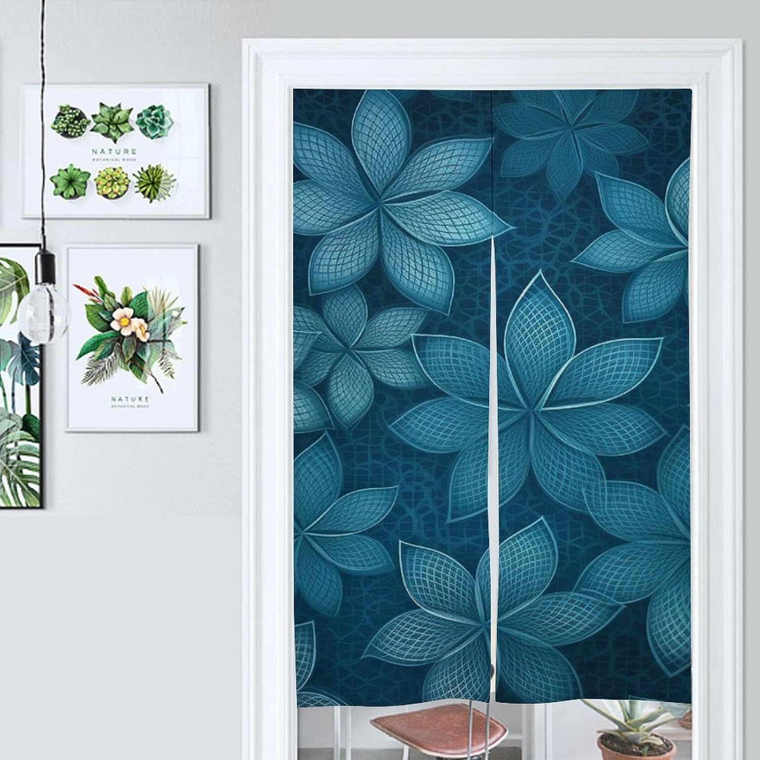 Japanese Noren Door Curtain with Grid Flowers Design