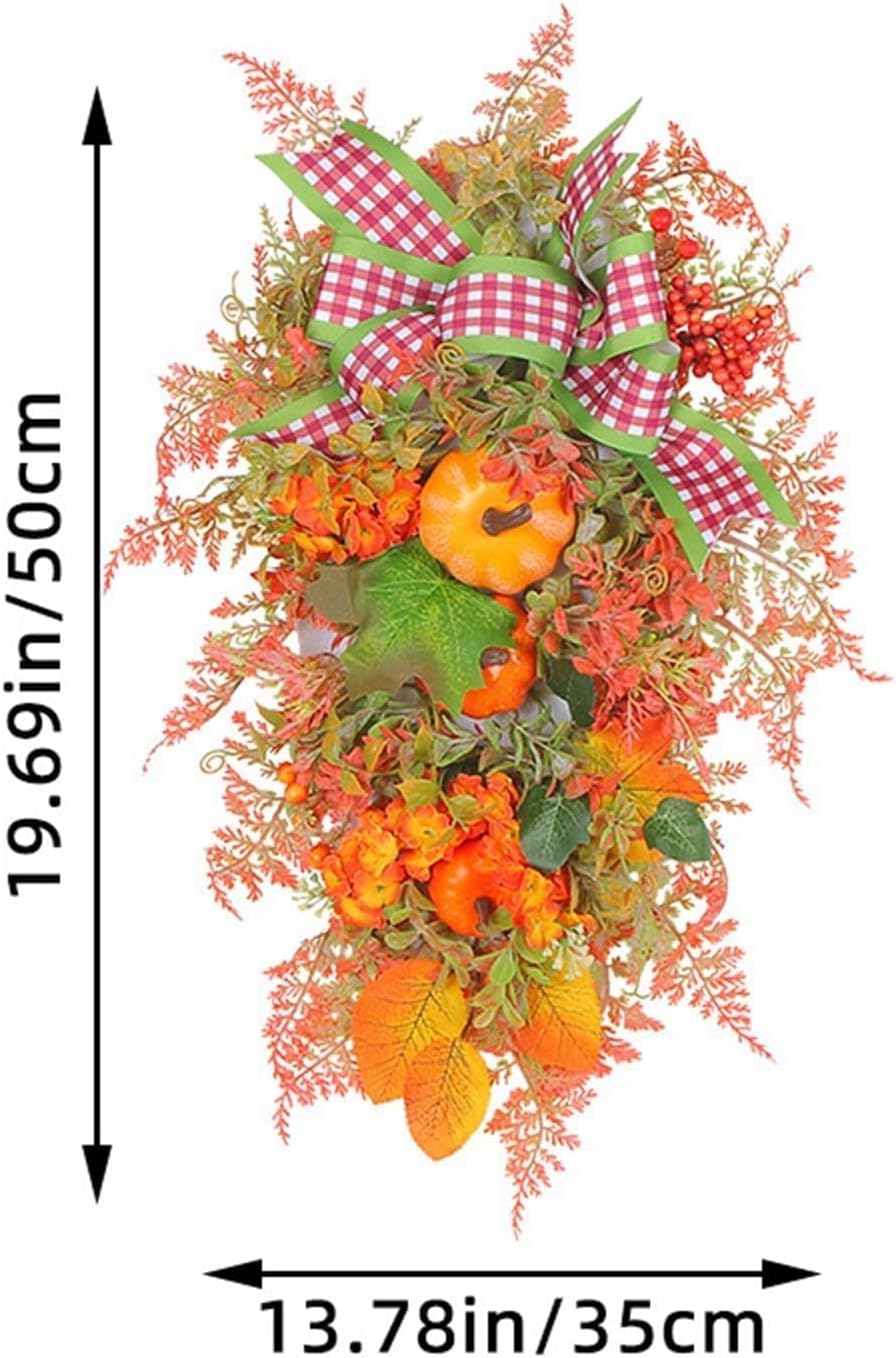 Fall Teardrop Swag Wreath with Pumpkins Sunflowers and Maple Leaves