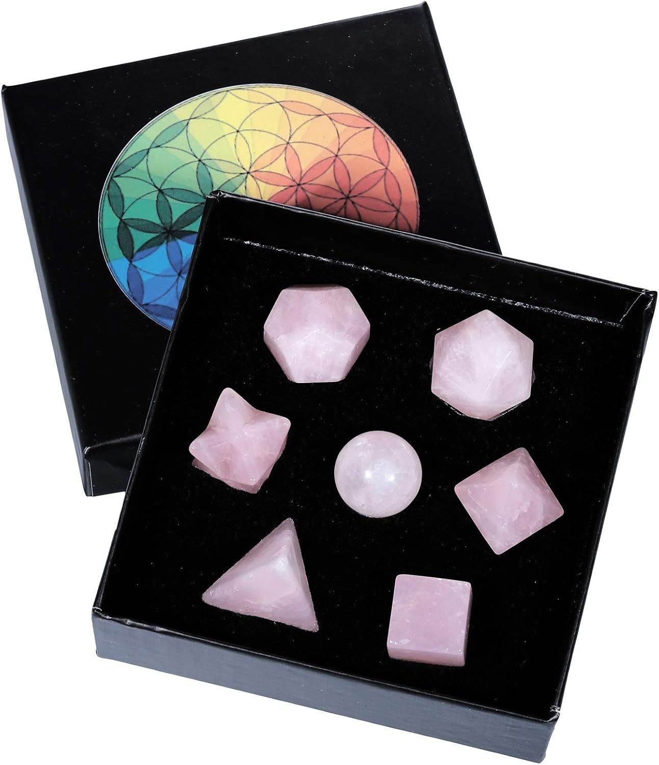 Amogeeli Platonic Solids Crystal Set with Merkaba Star and Rose Quartz