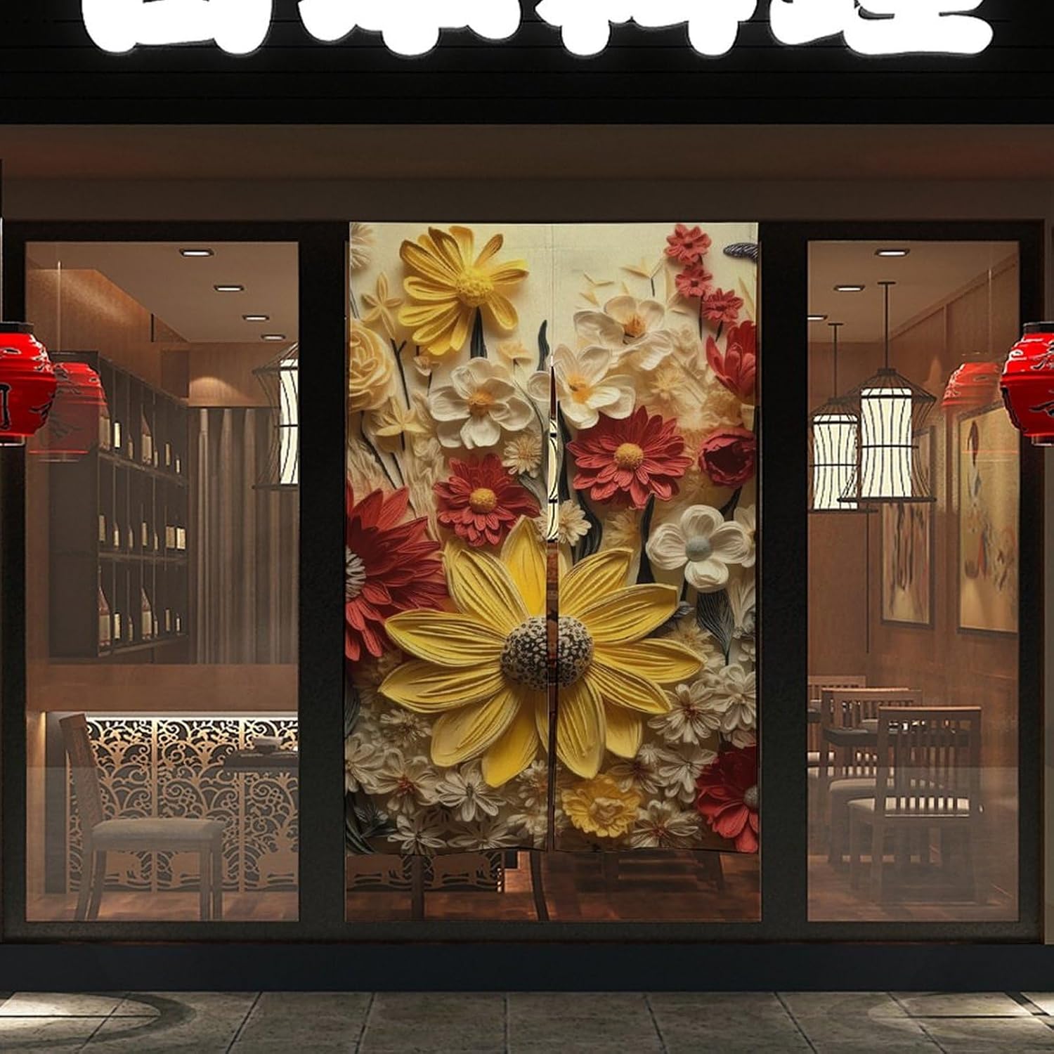 Japanese Noren Door Curtain with Flower Design 34x57 Inches