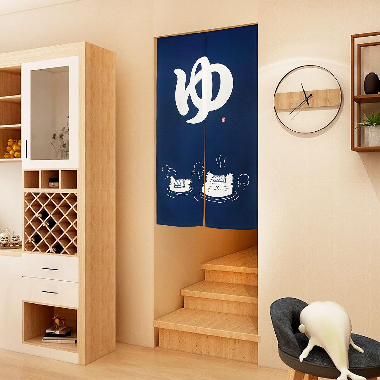 LIGICKY Noren Door Curtain with Two Cats Bathing Pattern Navy Blue