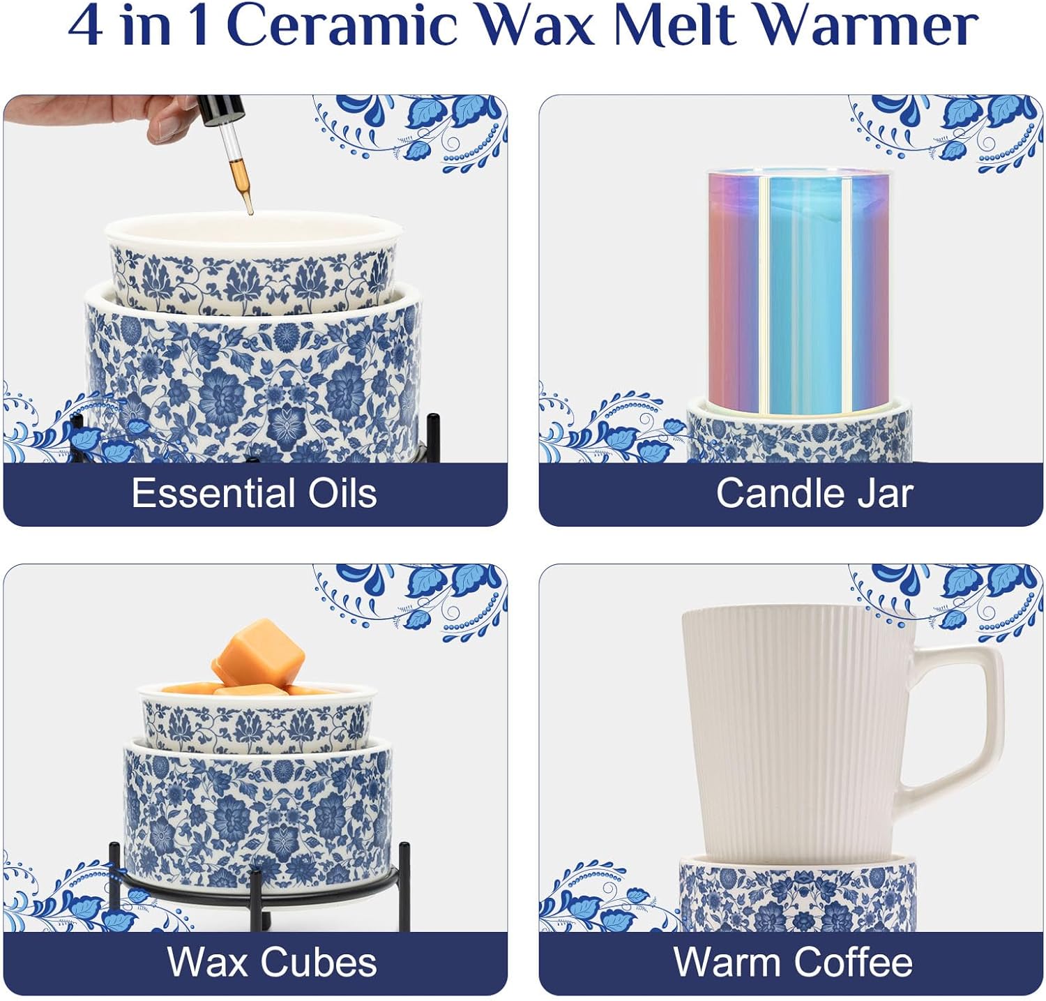 NAFANG Blue White Porcelain Wax Melt Warmer with KD Iron Shelf