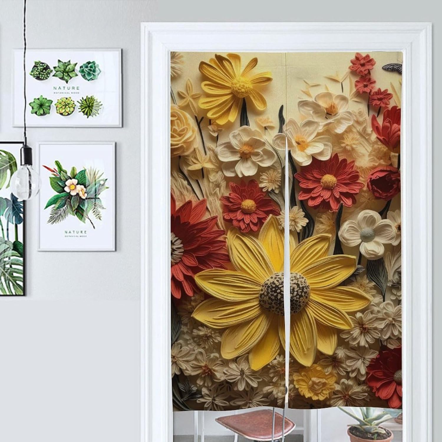 Japanese Noren Door Curtain with Flower Design 34x57 Inches