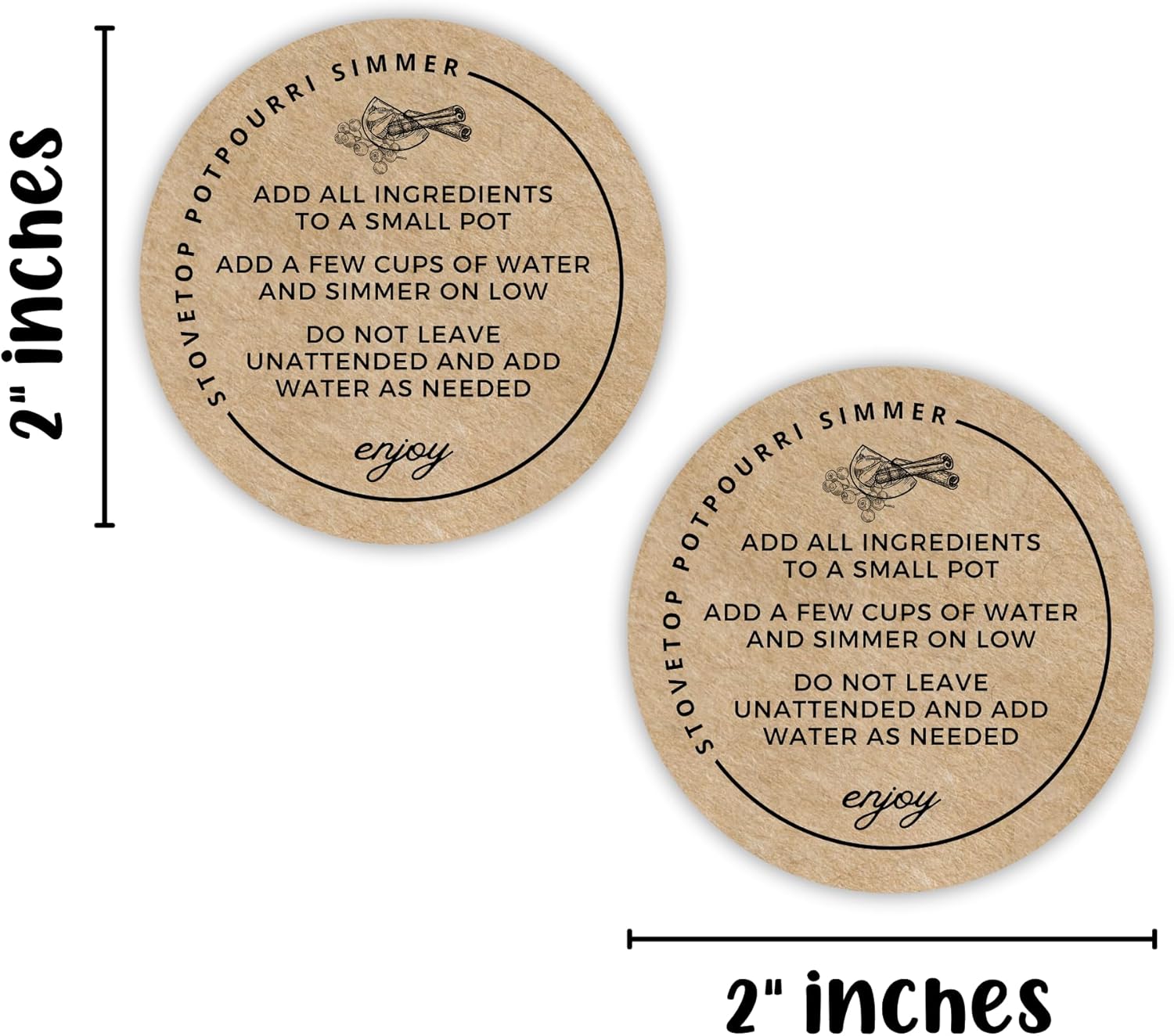 Stovetop Potpourri Instruction Labels 250pc Roll 2 Inch Circle Brown Boho Kraft Design