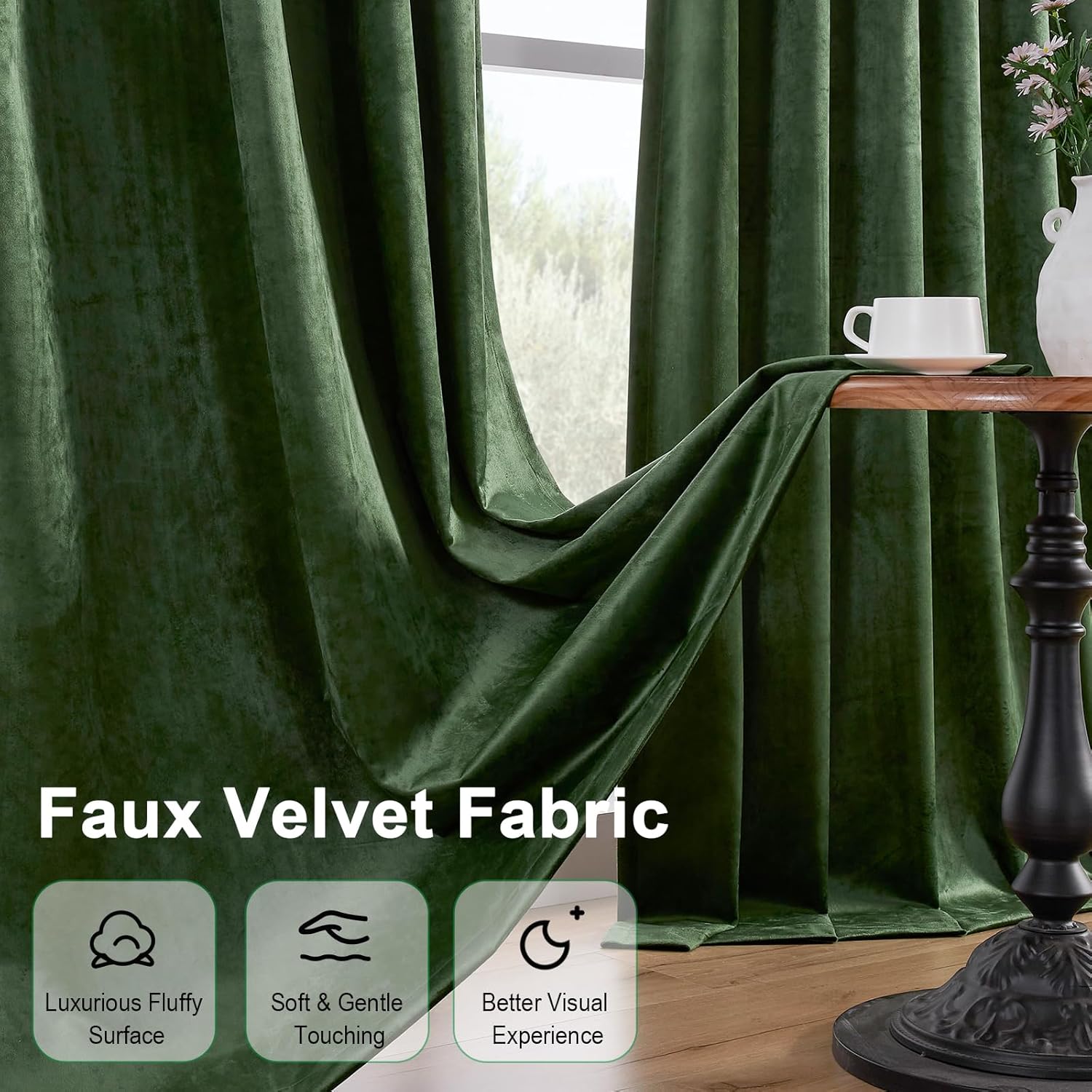 Green Velvet Curtains 84 Inches 2 Panels Blackout Drapes
