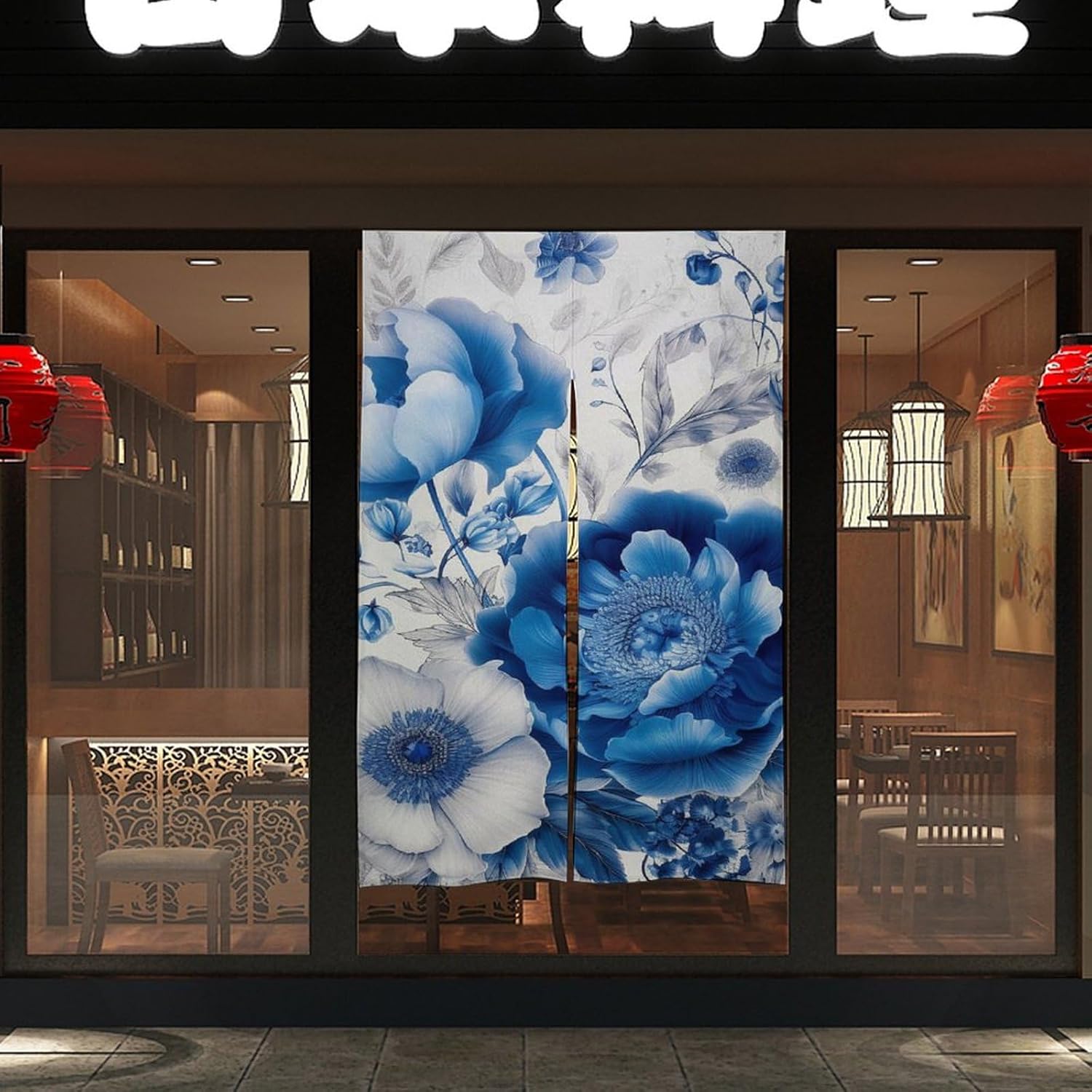 Japanese Noren Door Curtain with Flower Pattern Design 34x57 Inches