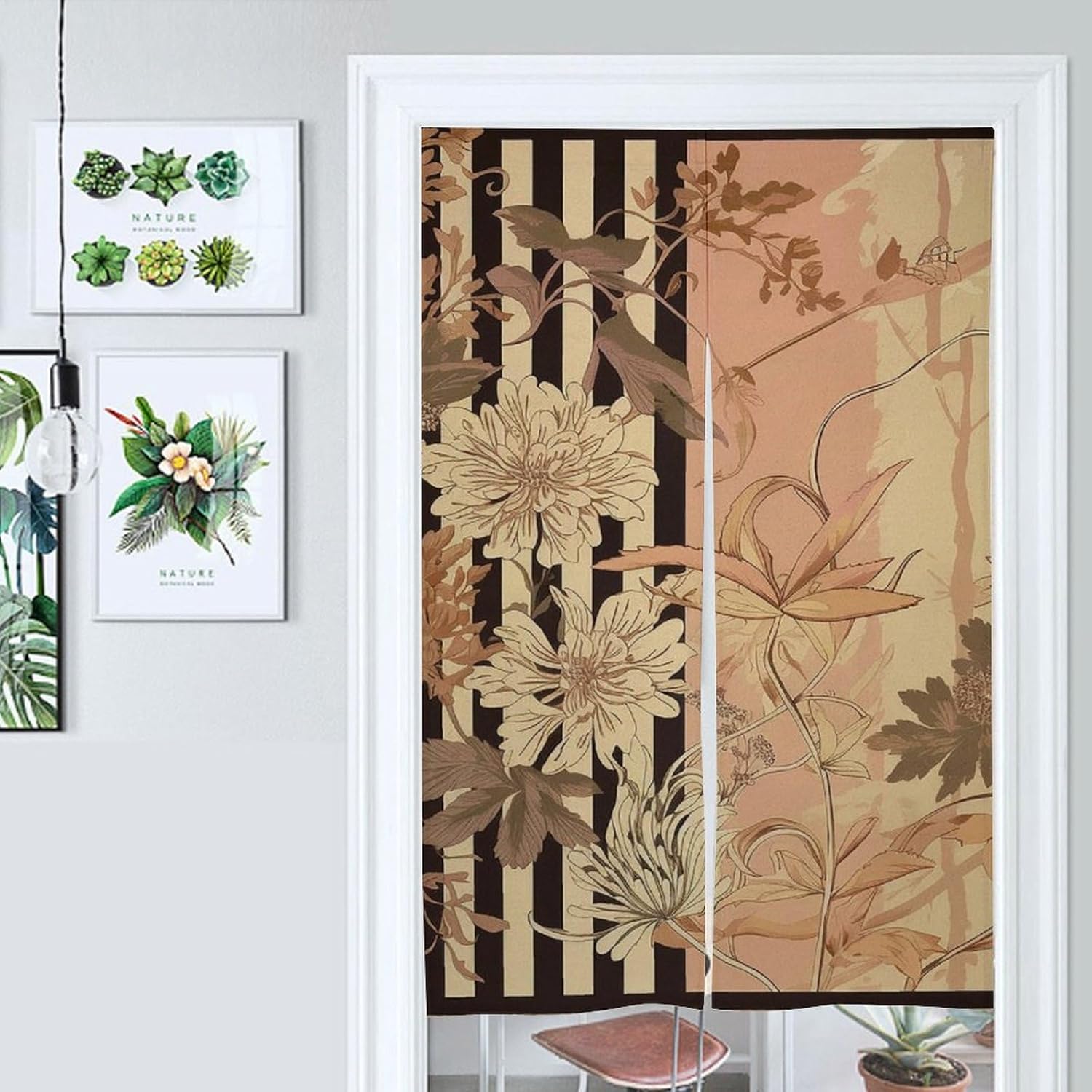 Japanese Noren Door Curtain with Flowers and Stripes Design