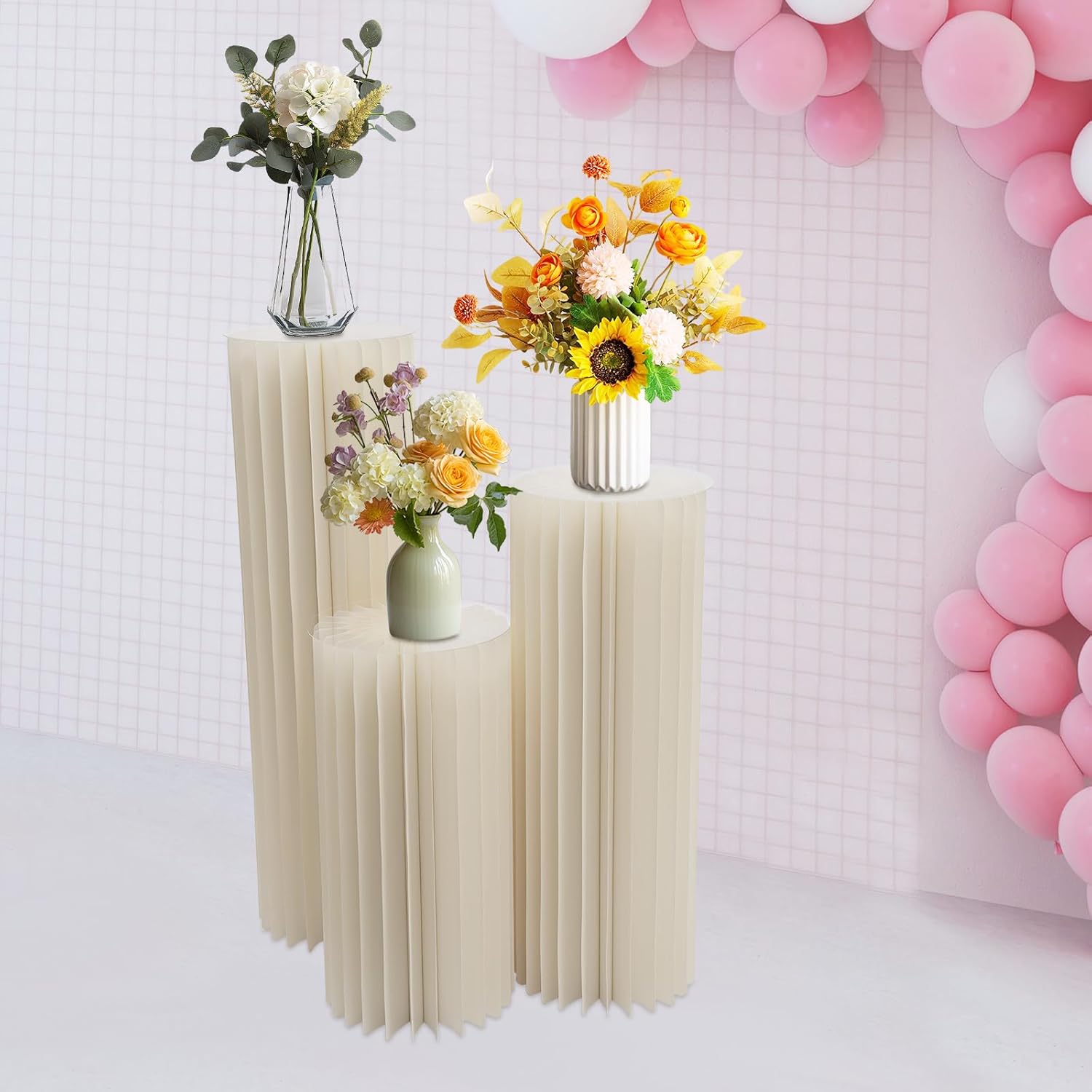 Oiveinya Foldable Cardboard Flower Stand 3Pcs Wedding Display Column Pedestal