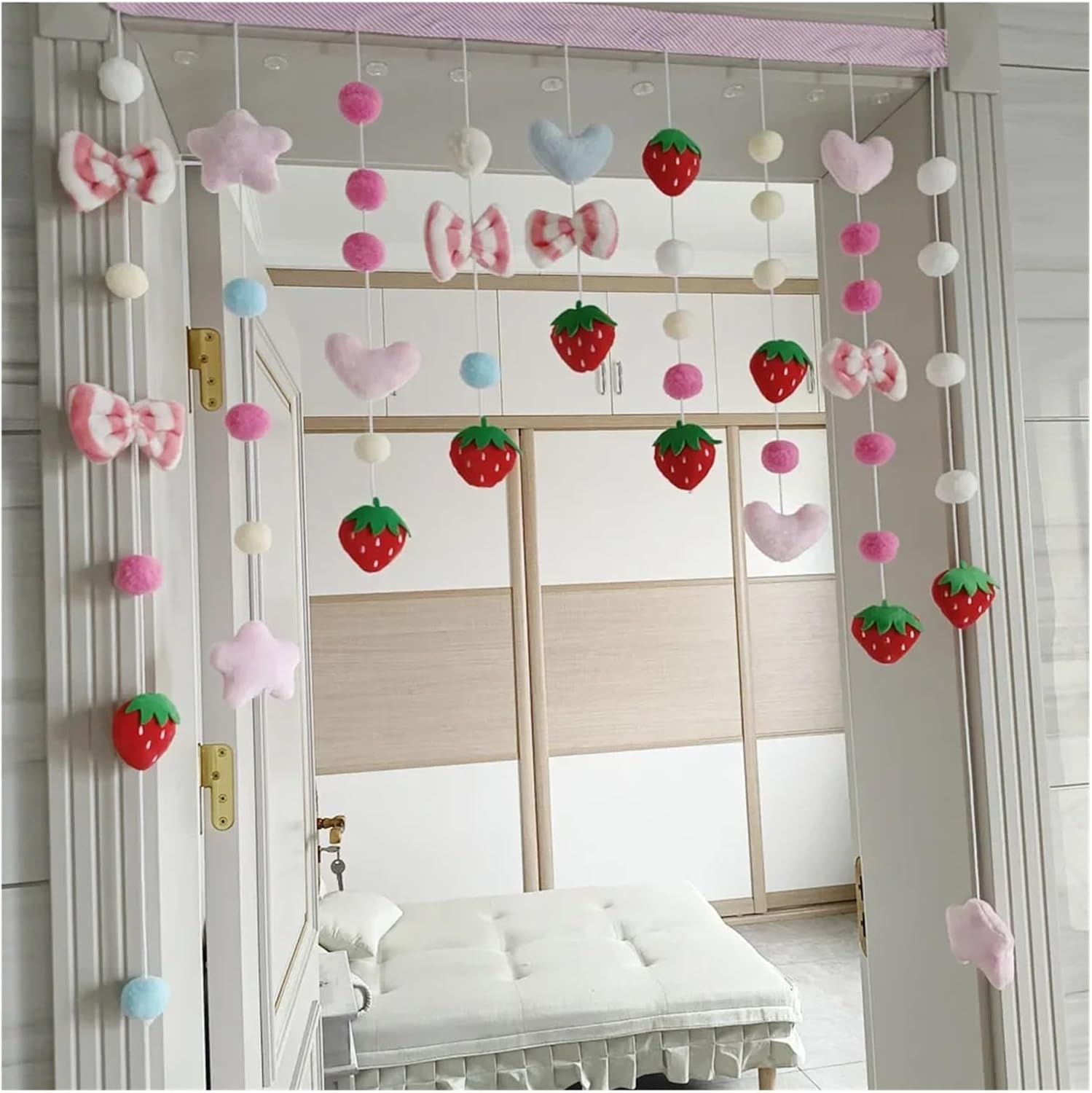 Strawberry Plush Door Curtain with Beaded Design