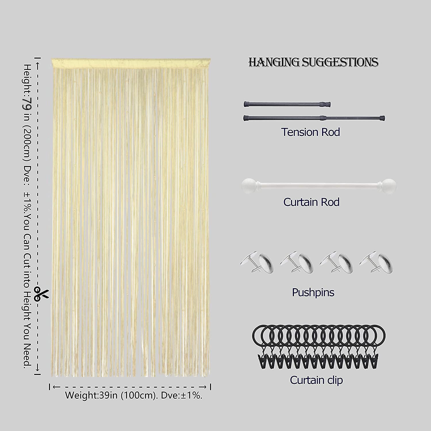 Beaded Curtain Door Divider with Telescopic Rod