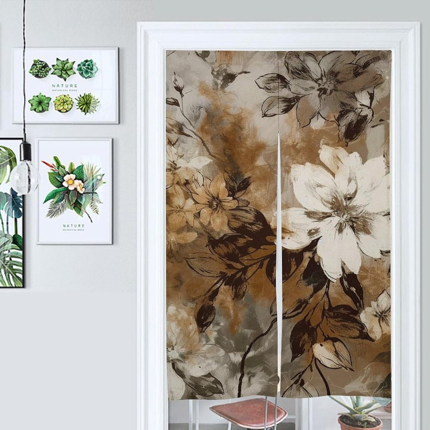 Japanese Noren Leaf Pattern Gray Door Curtain 34x57 Inch