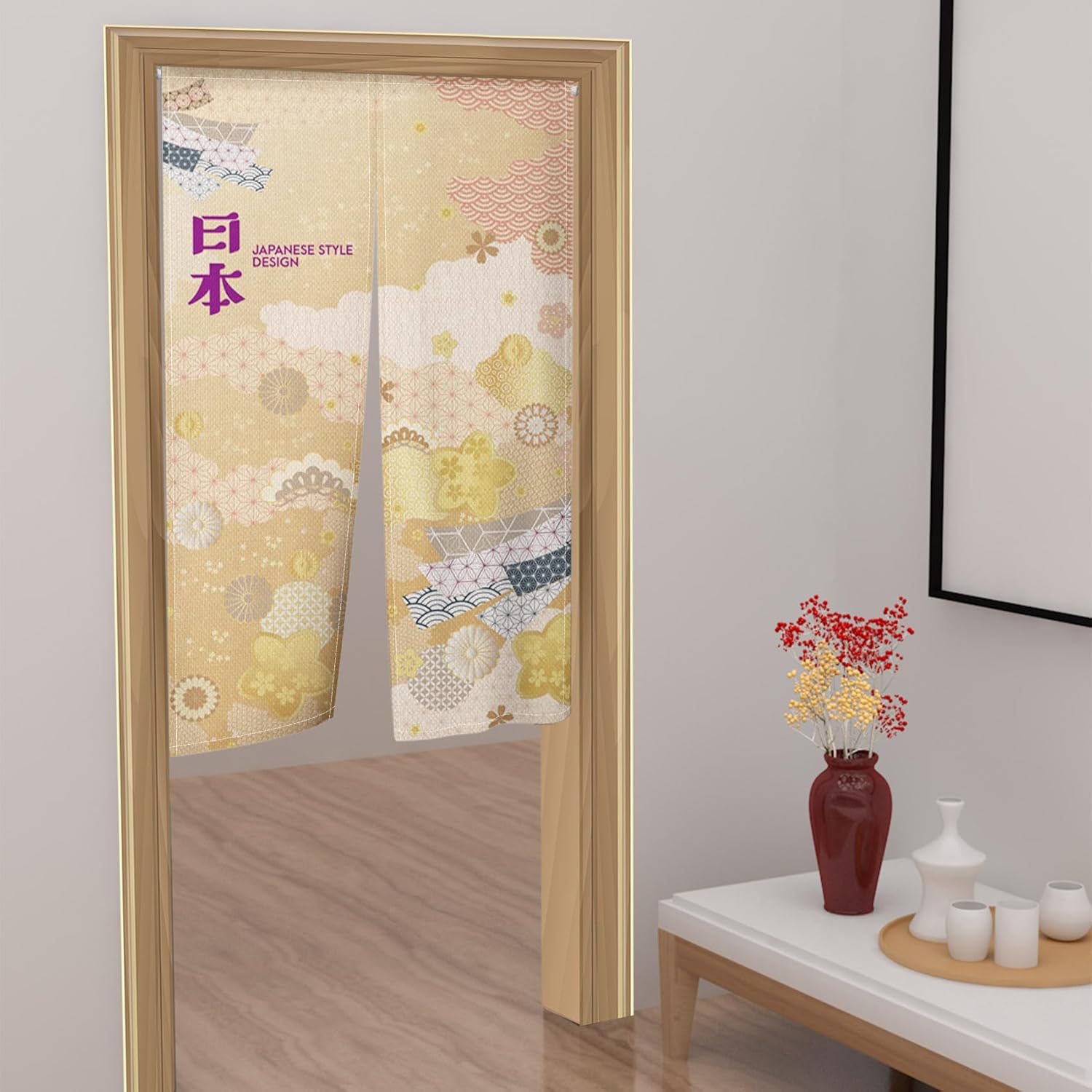 Japanese Style Noren Door Curtain with Flowers and Waves Pattern