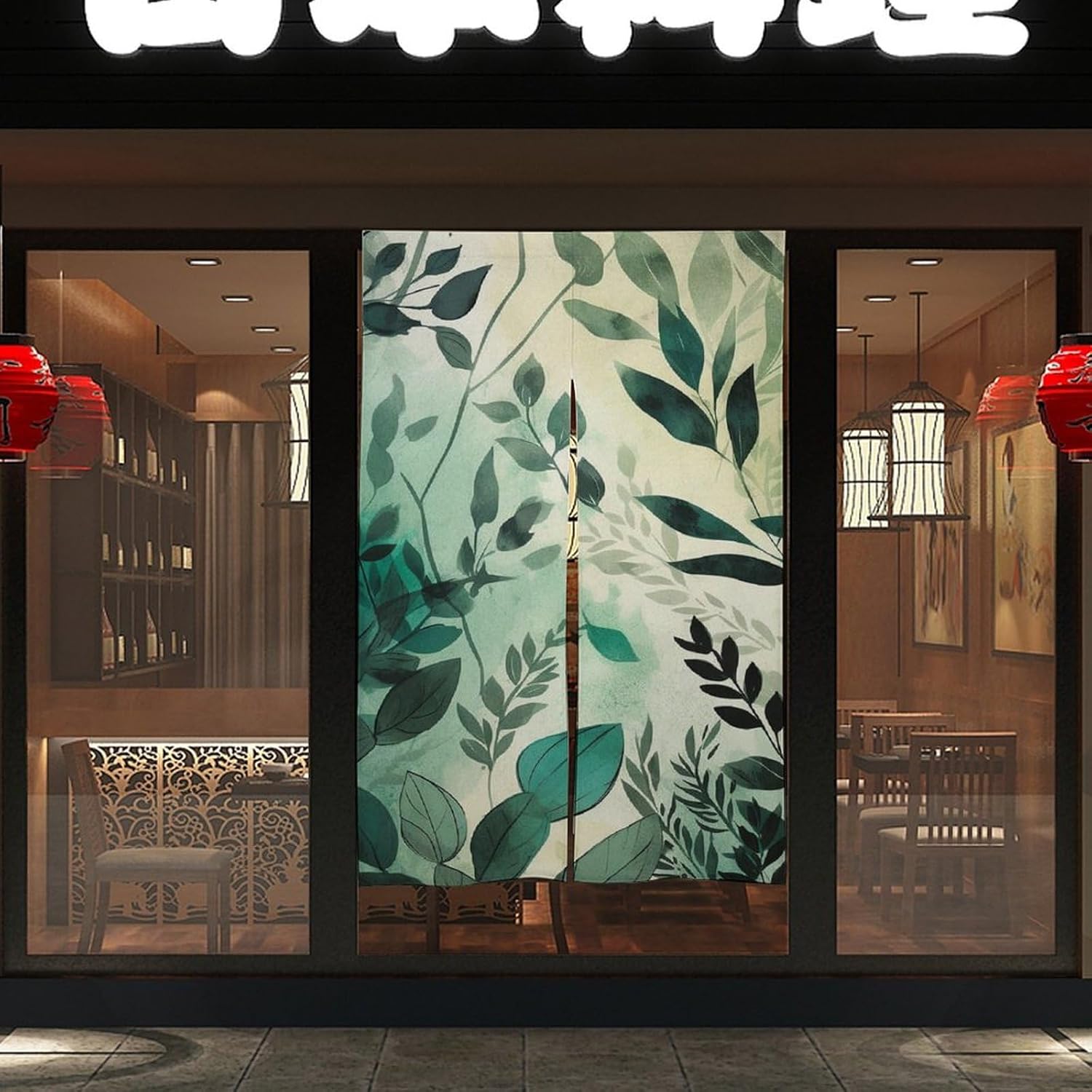 Japanese Noren Door Curtain with Grass Leaves Print