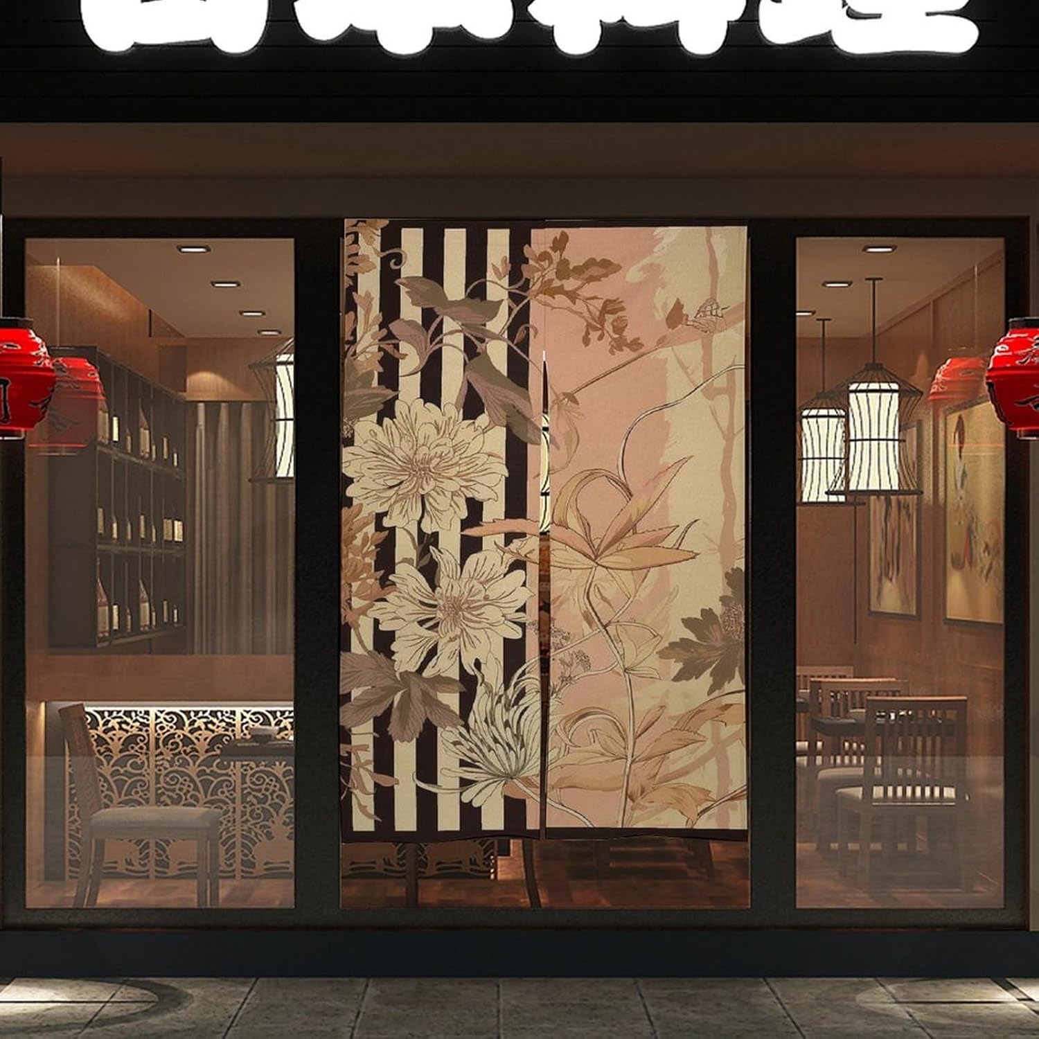 Japanese Noren Door Curtain with Flowers and Stripes Design