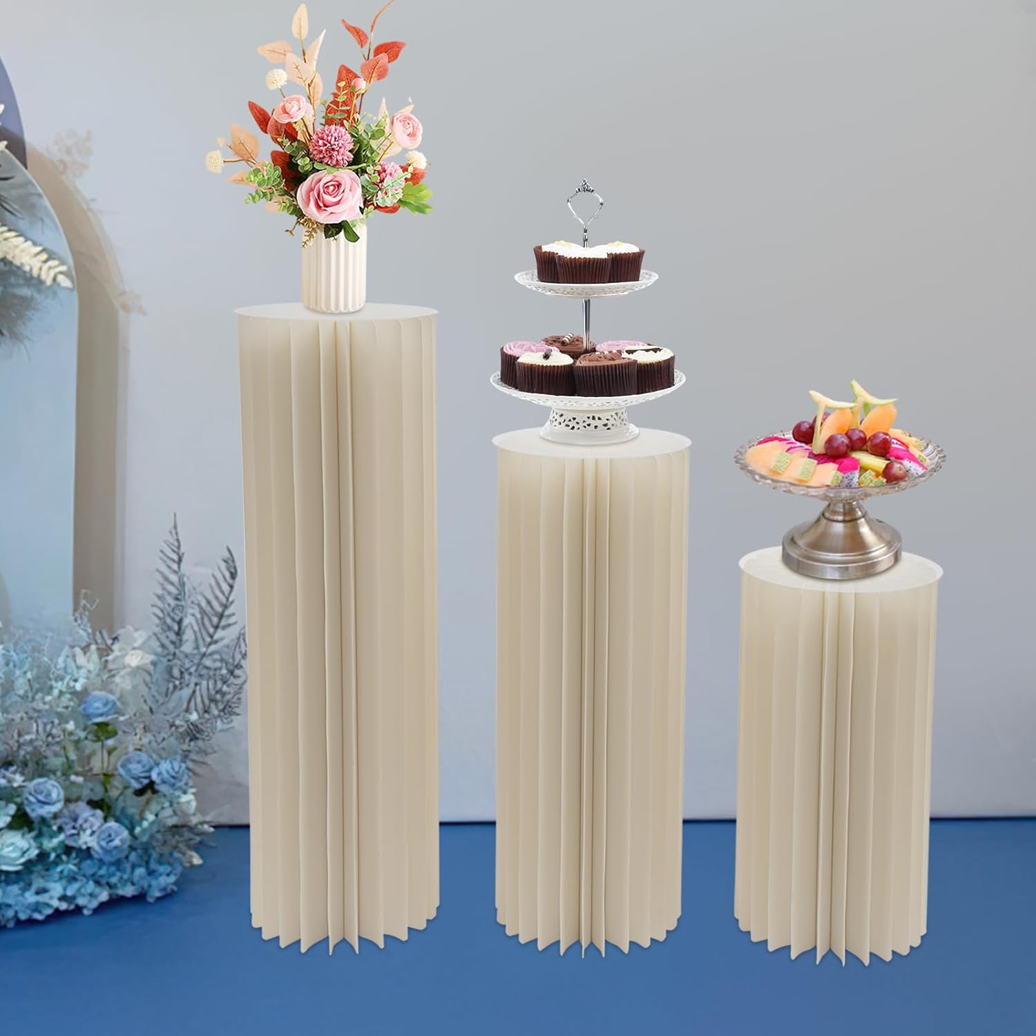Oiveinya Foldable Cardboard Flower Stand 3Pcs Wedding Display Column Pedestal