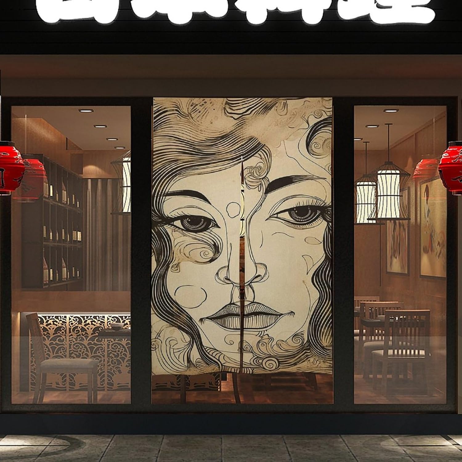 Japanese Noren Door Curtain with Outline Face Print