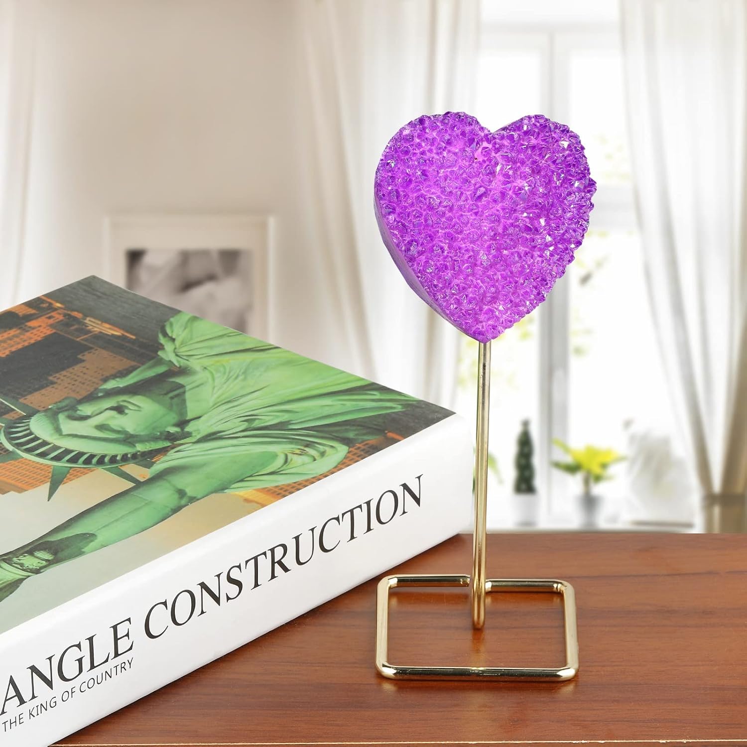Amogeeli Heart Shaped Rock Crystal Cluster with Stand Purple
