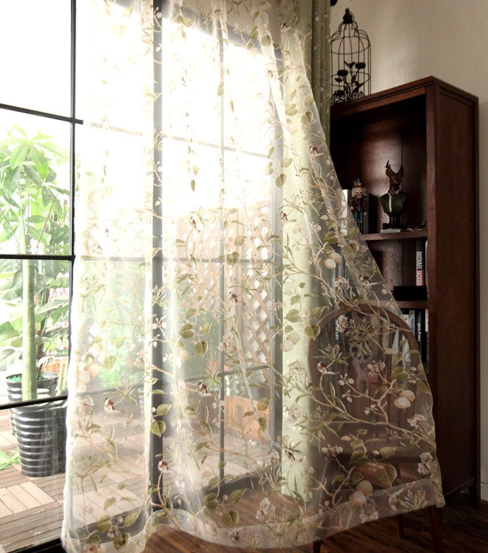 PureAqu Rod Pocket Sheer Curtain Panel Floral Birds Design