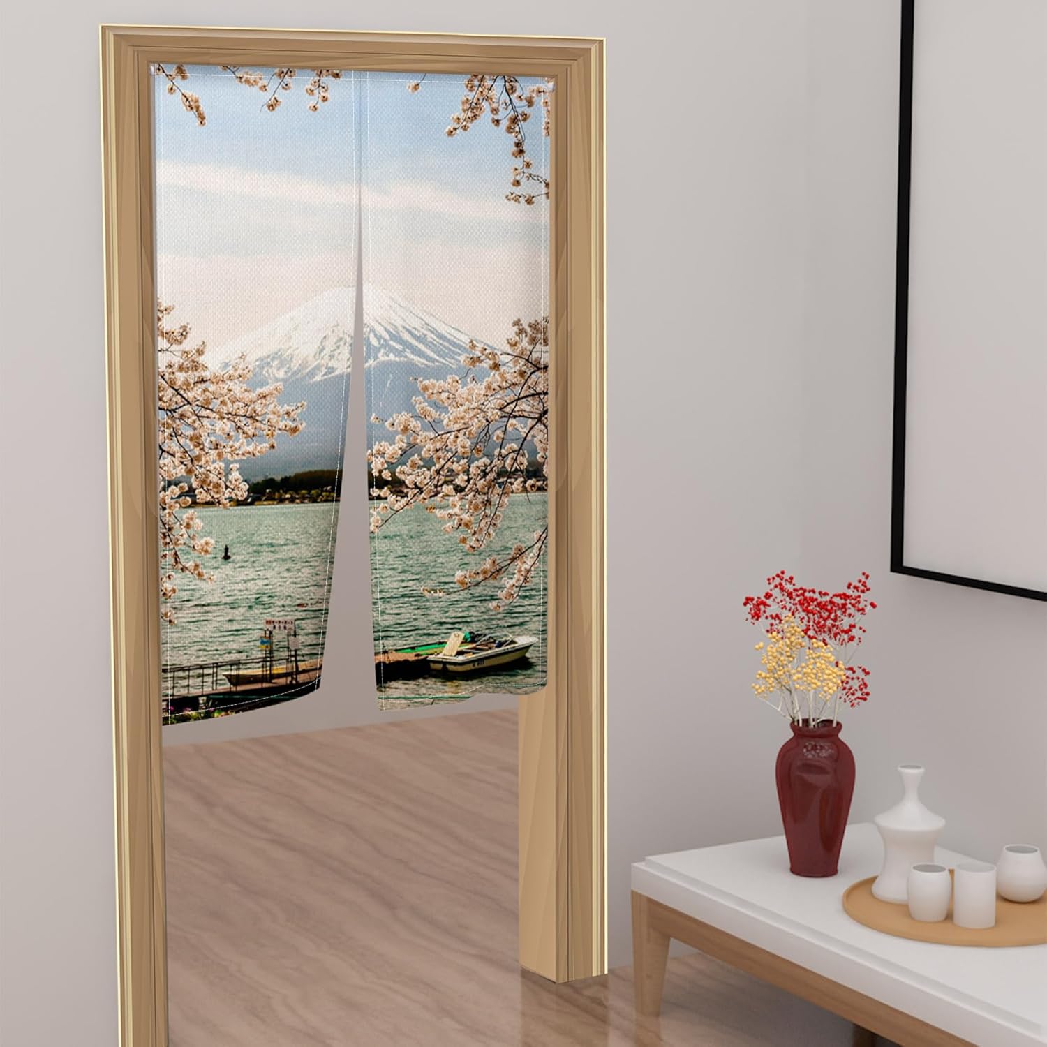 Traditional Japanese Noren Door Curtain with Mount Fuji Cherry Blossom Design