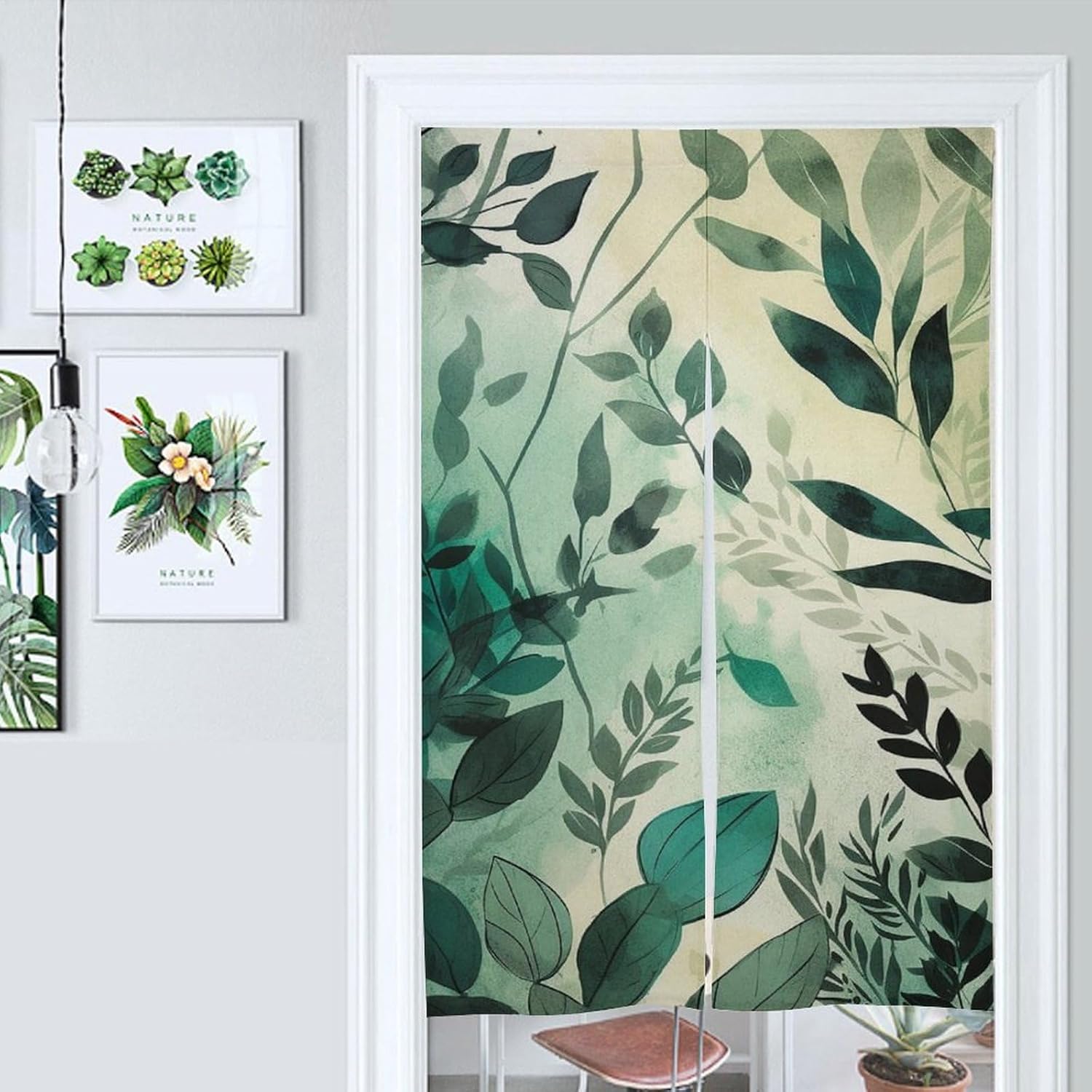 Japanese Noren Door Curtain with Grass Leaves Print