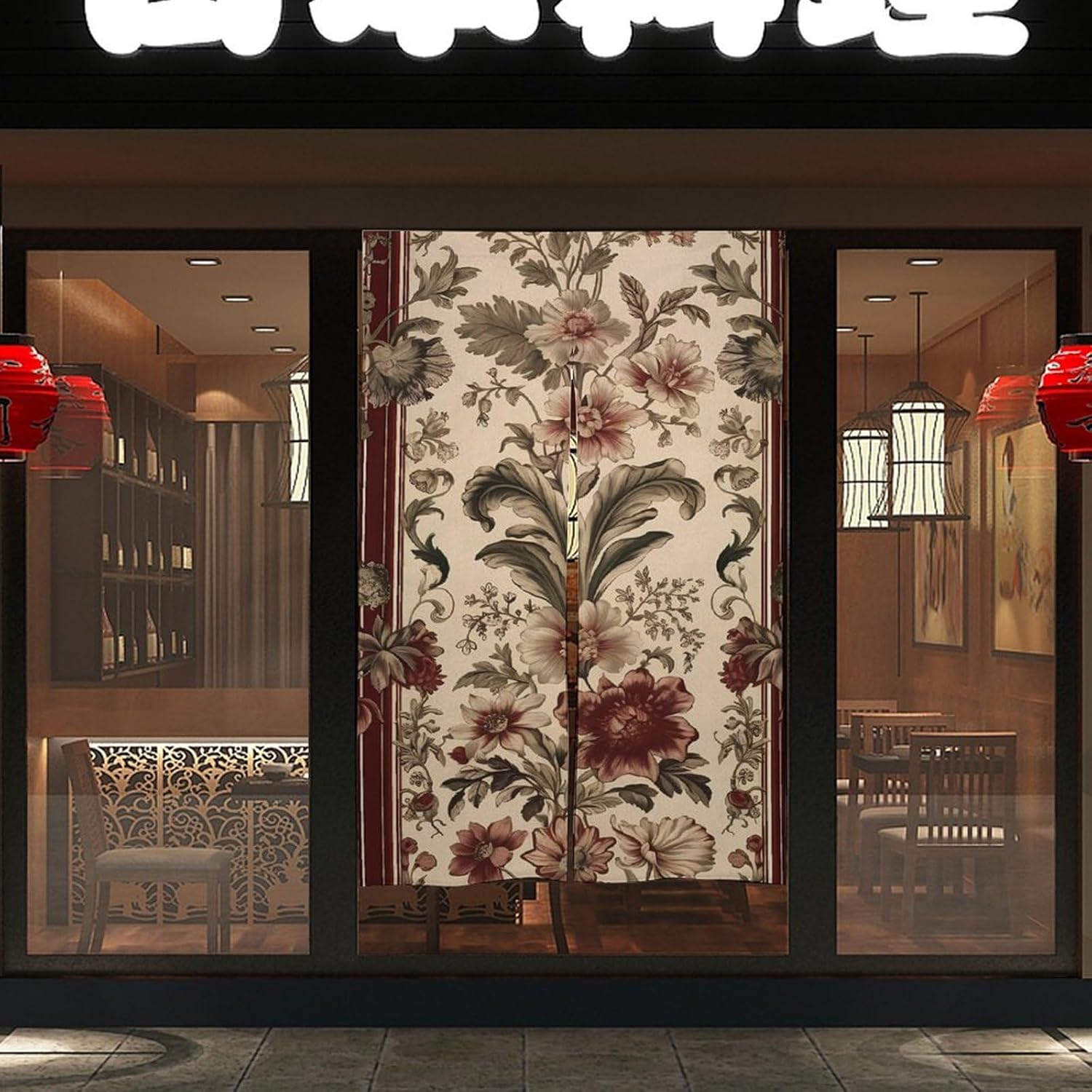 Japanese Noren Door Curtain with Red Stripes and Flowers