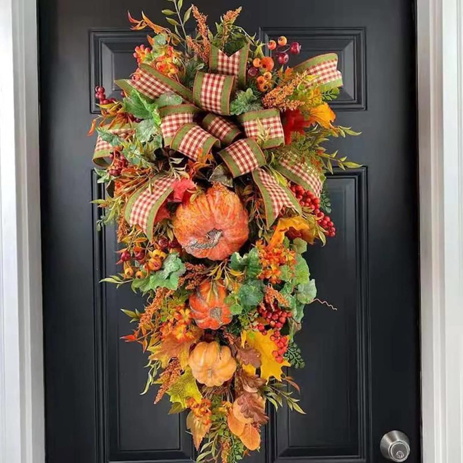 Fall Teardrop Swag Wreath with Pumpkins Sunflowers and Maple Leaves