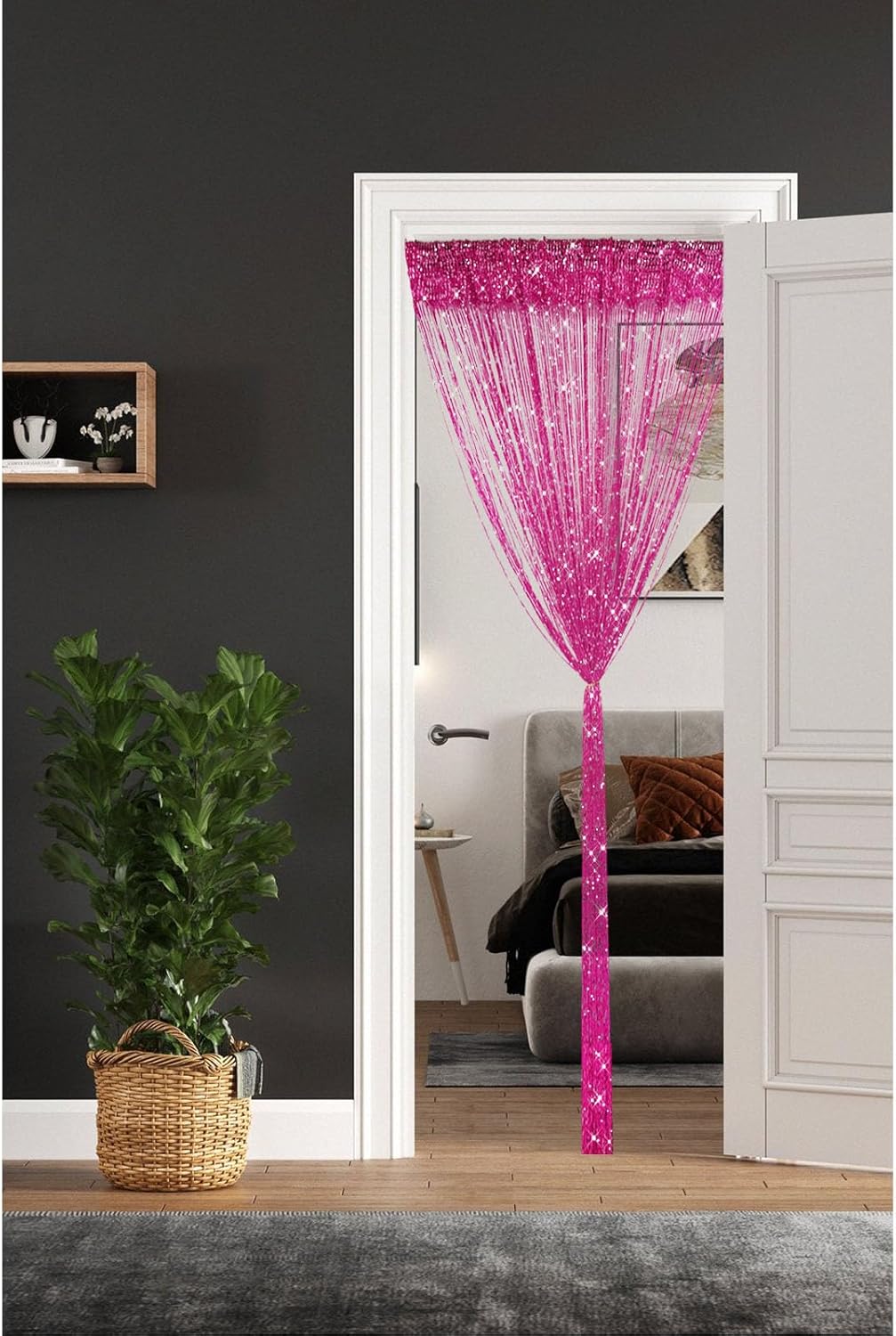 2 Pieces Fuchsia Glitter String Curtains with Tassels