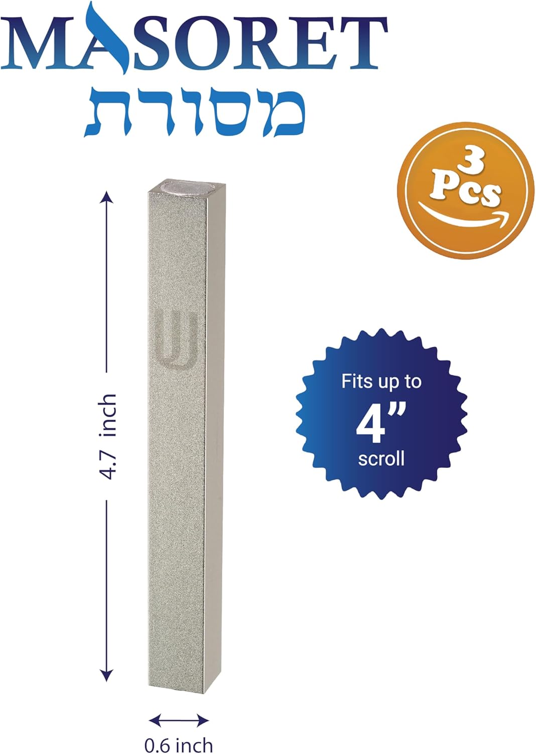 3 Piece Aluminum Mezuzah Case - Silver Matte Modern Design