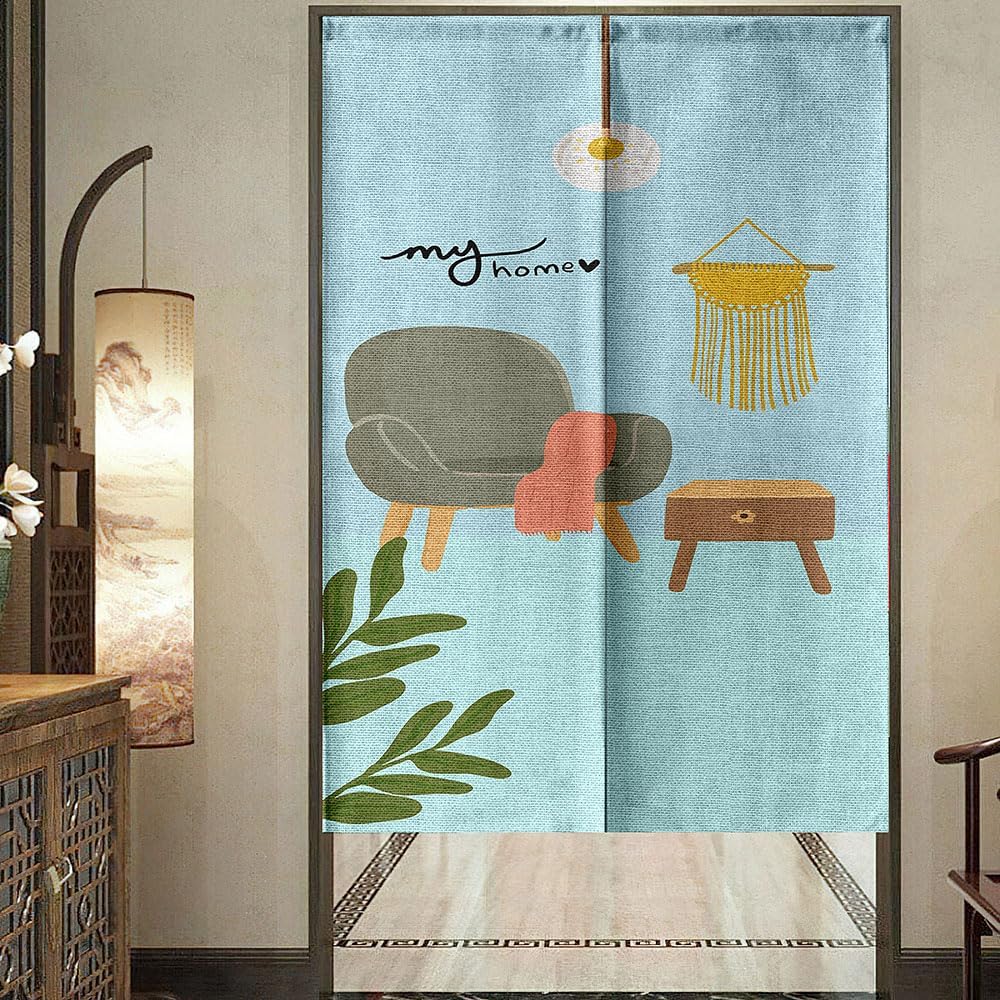 Chickwin Japanese Door Curtain Nordic Style Linen Panel Blue