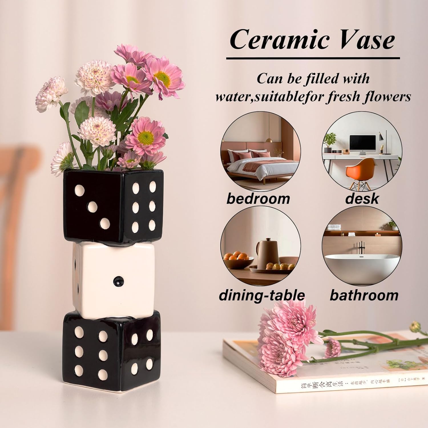 Unique Handmade Dice Vase - Stylish Black White Ceramic Decor