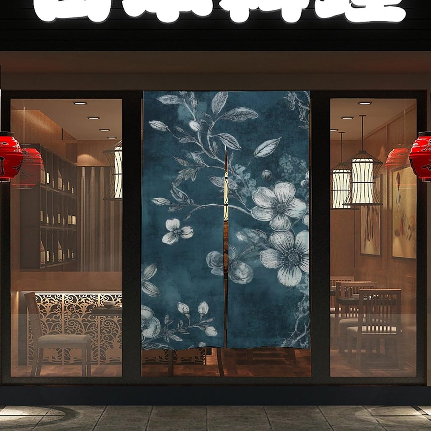 Japanese Noren Door Curtain Retro Flowers Print