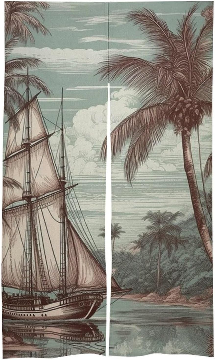 Japanese Noren Door Curtain with Tree and Sailboat Print