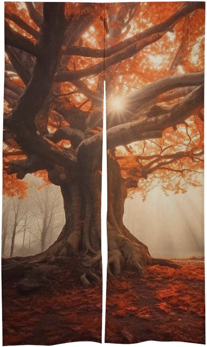 Japanese Noren Door Curtain with Maple Leaves and Old Tree Print
