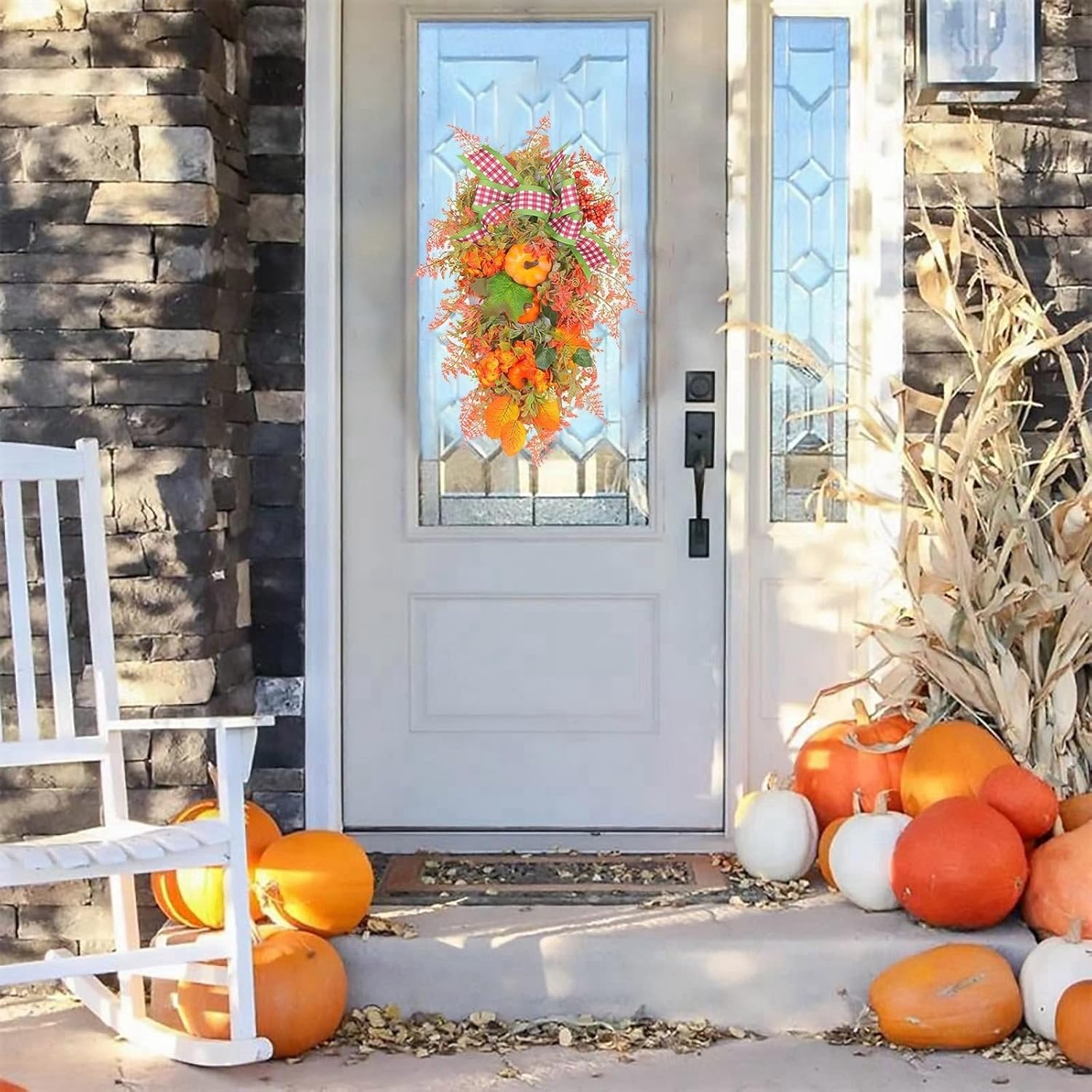 Fall Teardrop Swag Wreath with Pumpkins Sunflowers and Maple Leaves