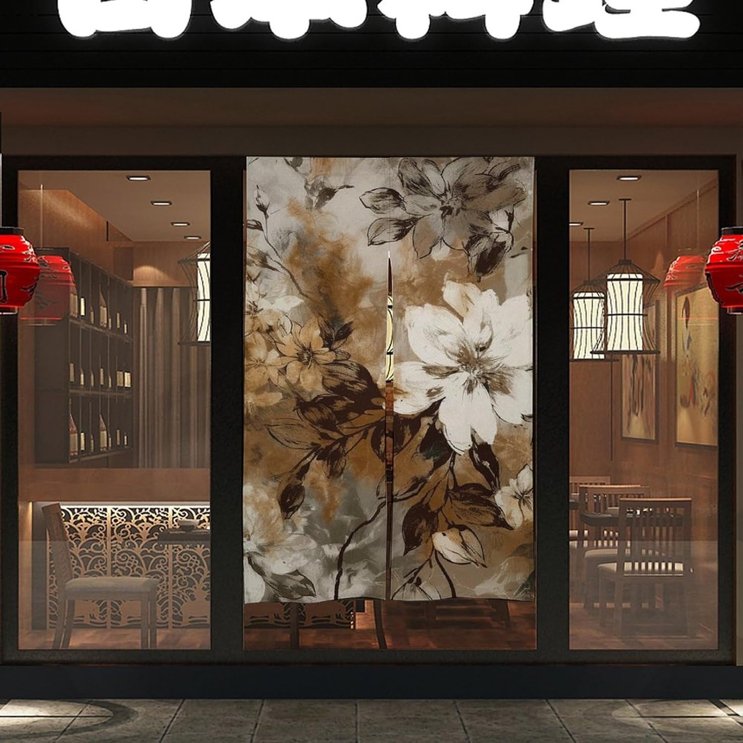 Japanese Noren Leaf Pattern Gray Door Curtain 34x57 Inch