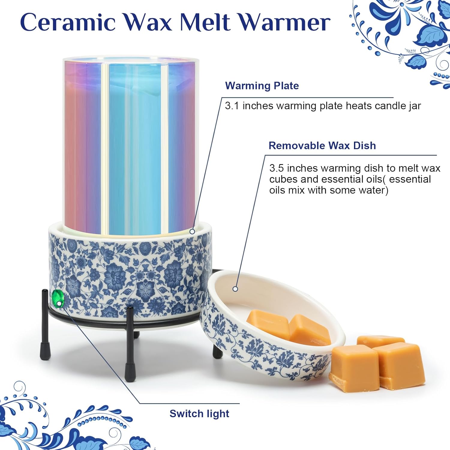 NAFANG Blue White Porcelain Wax Melt Warmer with KD Iron Shelf