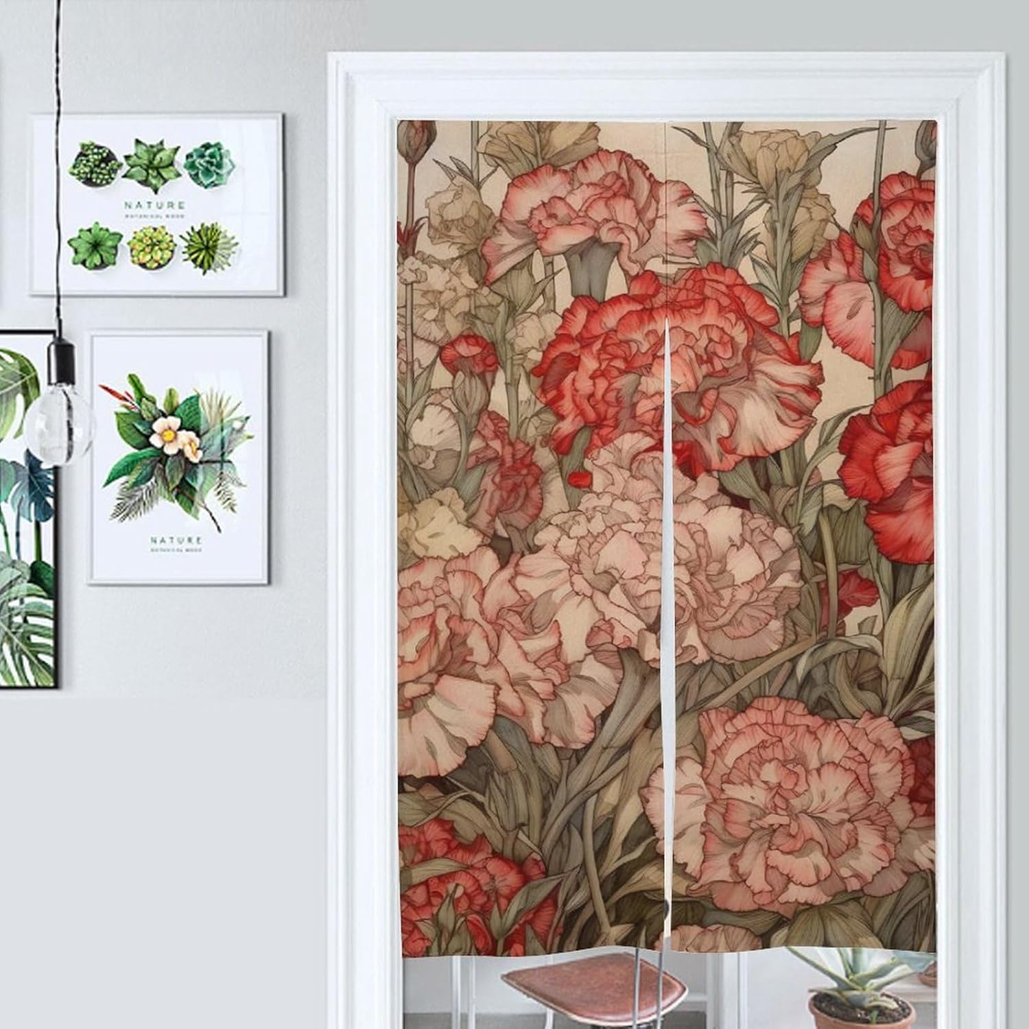 Japanese Noren Red and Carnations Door Curtain 34x57