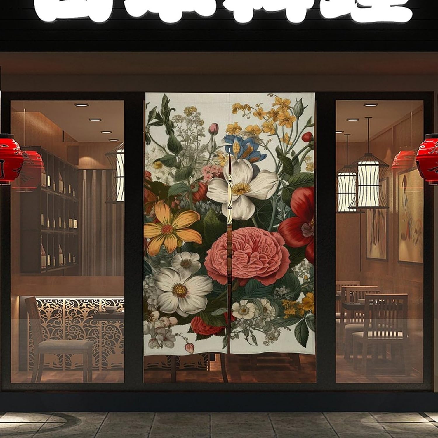 Japanese Noren Door Curtain with Plants and Flowers Print