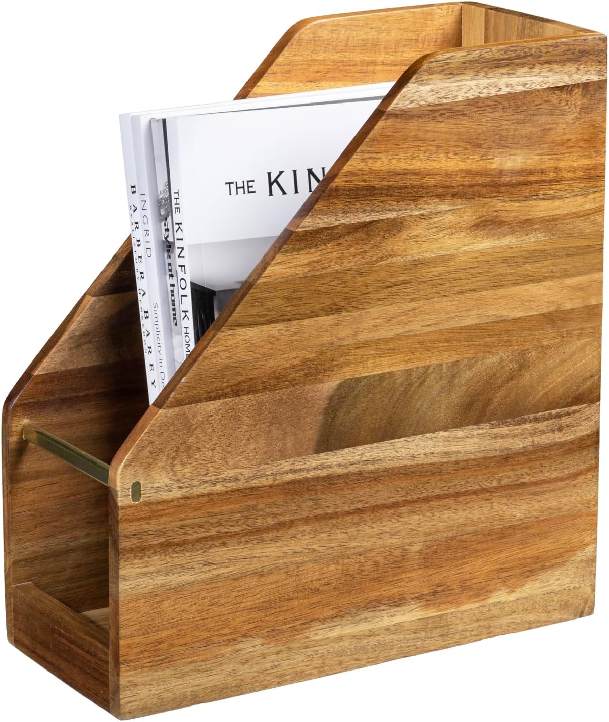 MyGift Premium Hotel Series Solid Acacia Wood Magazine Holder with Brass Metal Accent