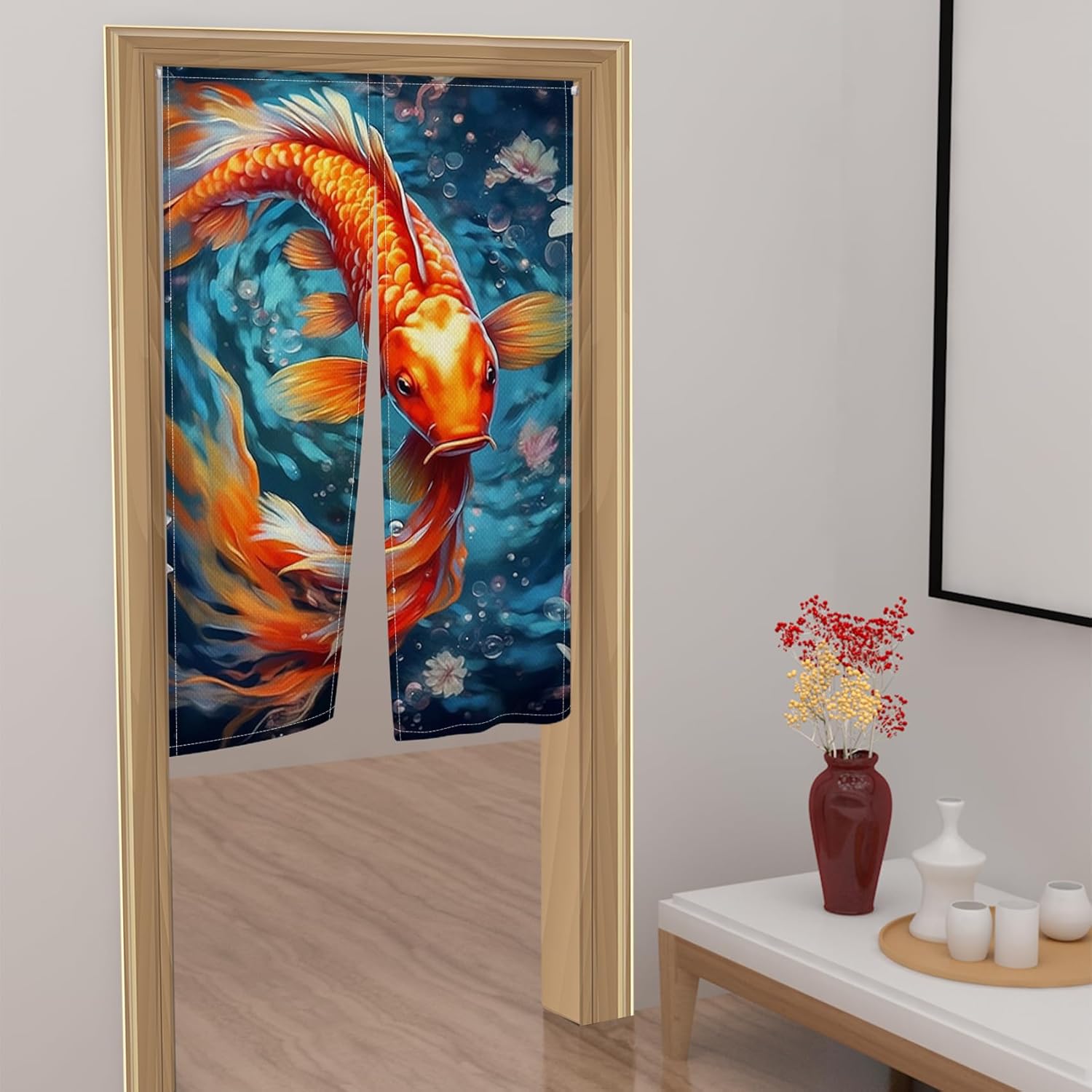 Red Golden Koi Noren Doorway Curtain for Kitchen